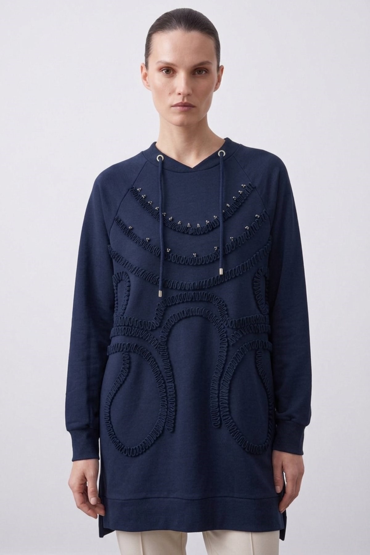 Ön Büzgü Kumaş İşlemeli Tunik 10819 F.Navy Tunik PUANE 
