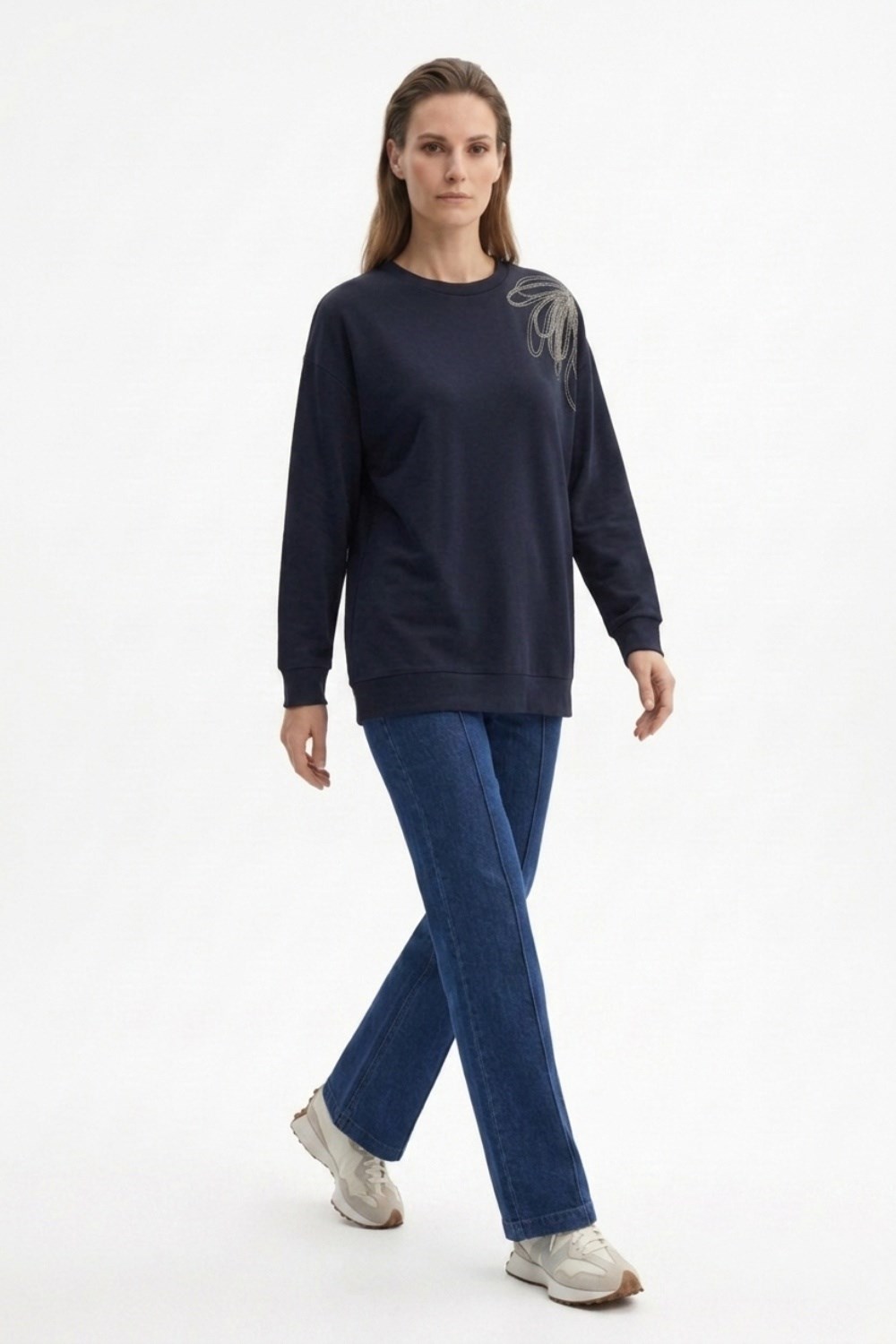 Tek Omuz İşlemeli İnce Sweat Tunik 3494 Lacivert Tunik Ekrutex 