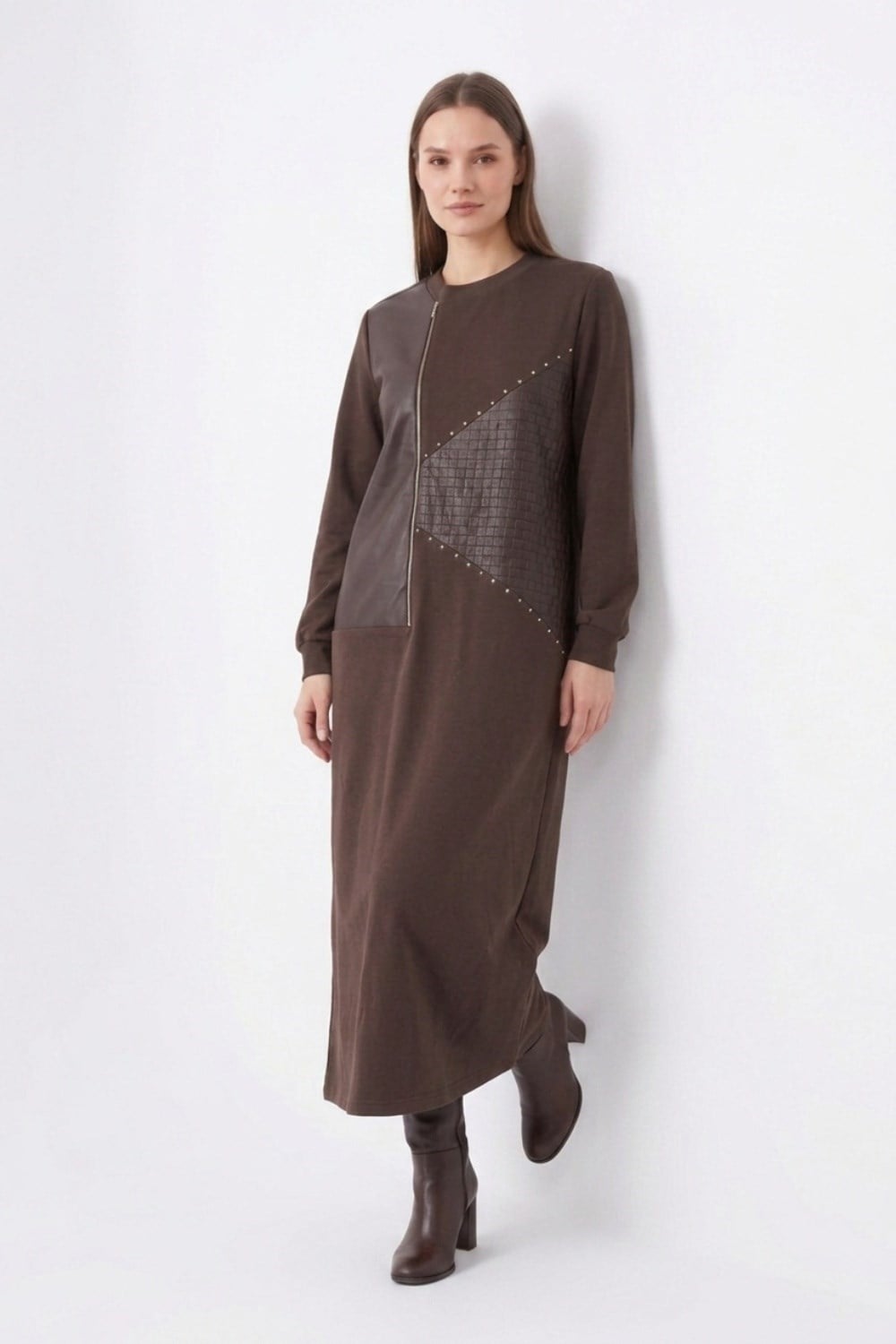 Deri ve Fermuar Detay Elbise 12723 Browni Elbise PUANE 