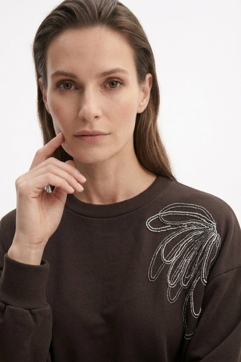 Tek Omuz İşlemeli İnce Sweat Tunik 3494 Kahve Tunik Ekrutex 