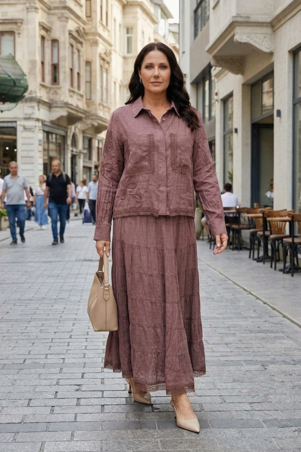 LissMore 6384 Cep ve Kol İşleme Detay Etekli Takım Kahve Takım LİSSMORE 