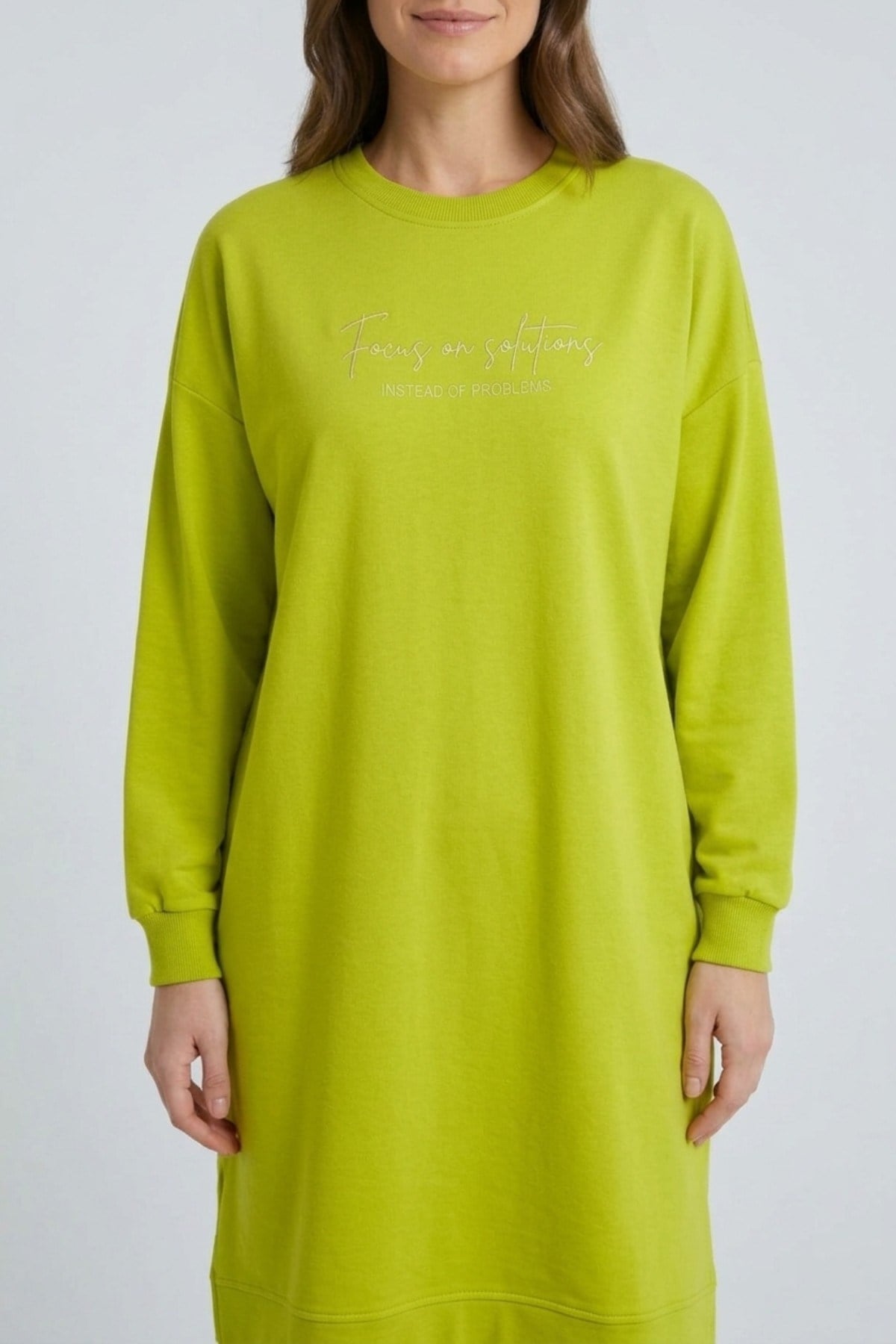 Tonaton Nakışlı Uzun Basıc S-Shırt 0034436 Lime Tunik İKOLL 
