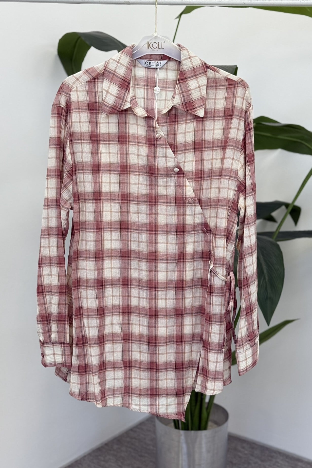 Asimetrik Ekose Desen Gömlek 0037007 - Pudra Tunik İKOLL 