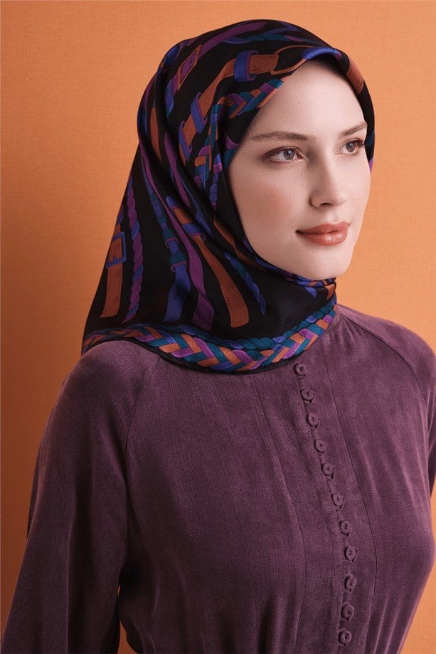 Armine Dj Saf Jakar İpek Eşarp 9607D (J) - Siyah Eşarp ARMİNE 