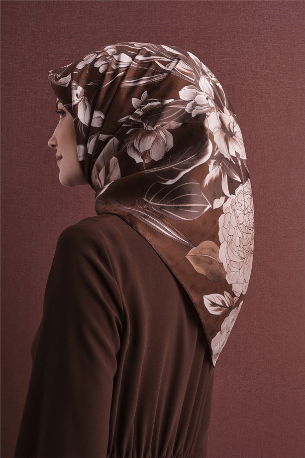 Armine Dj Saf Jakar İpek Eşarp 9608D (J) - Kahve Eşarp ARMİNE 