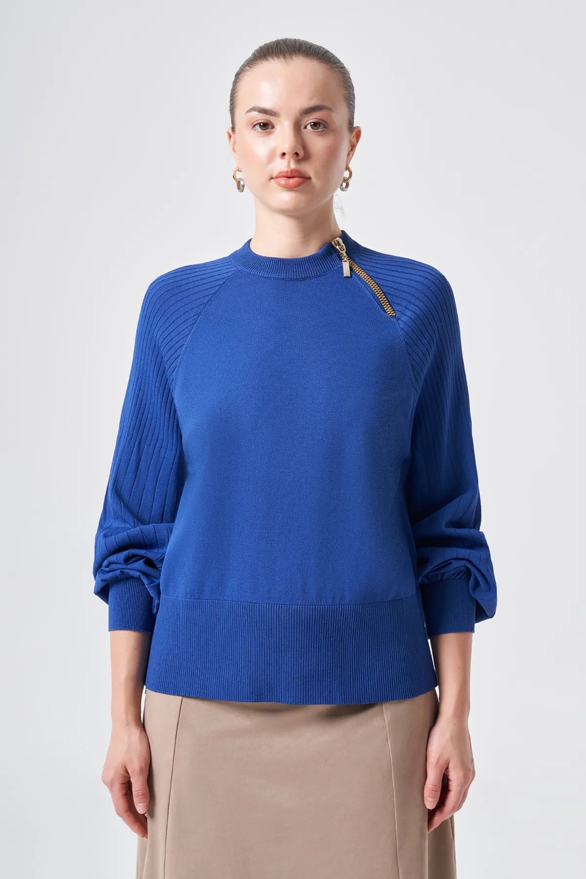 Nuss 205 Omuz Fermuar Detay Bluz Saks Tunik NUSS 