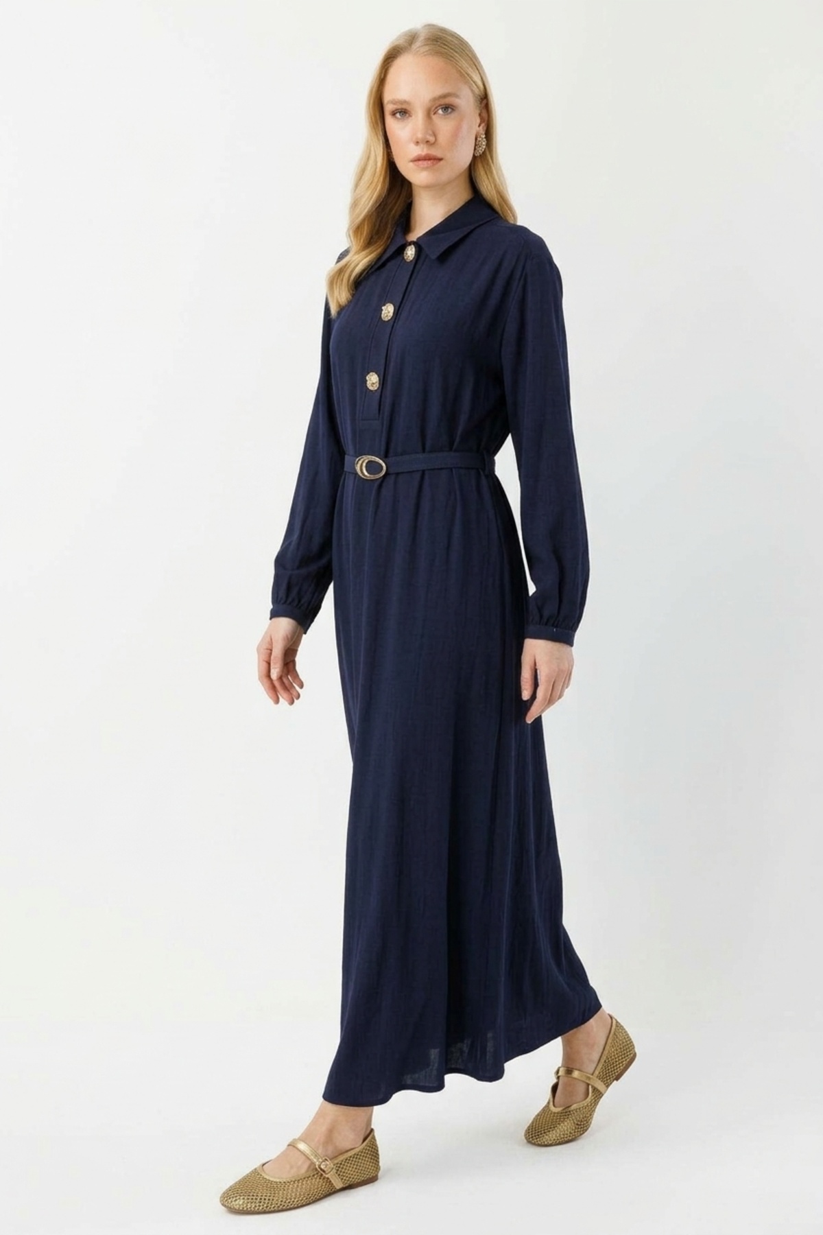 Düğme Detaylı Denim Görünümlü Elbise 0037052 Lacivert Elbise İKOLL 
