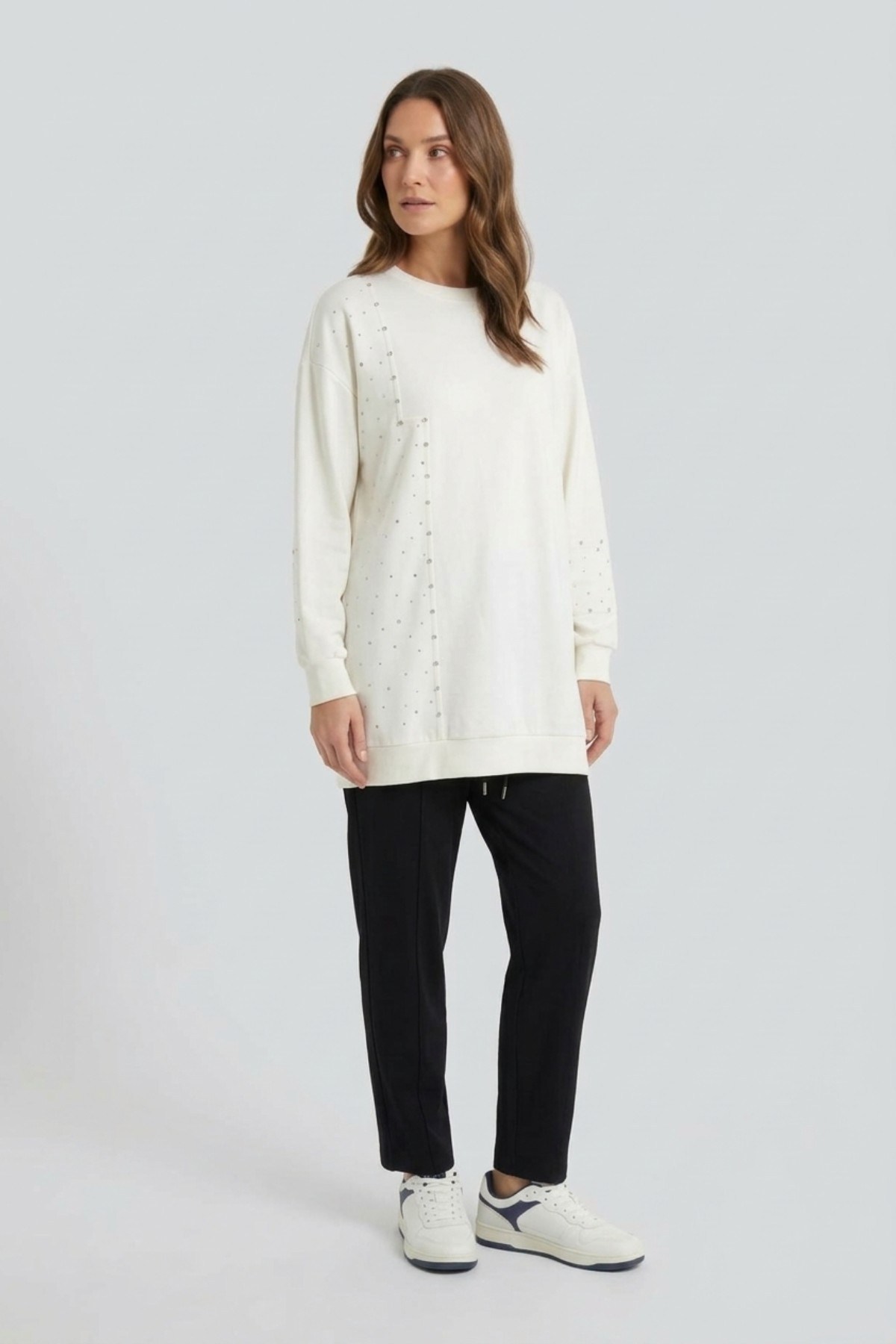 Parçalı Taşlı S-Shırt 0034850 Ekru Tunik İKOLL 