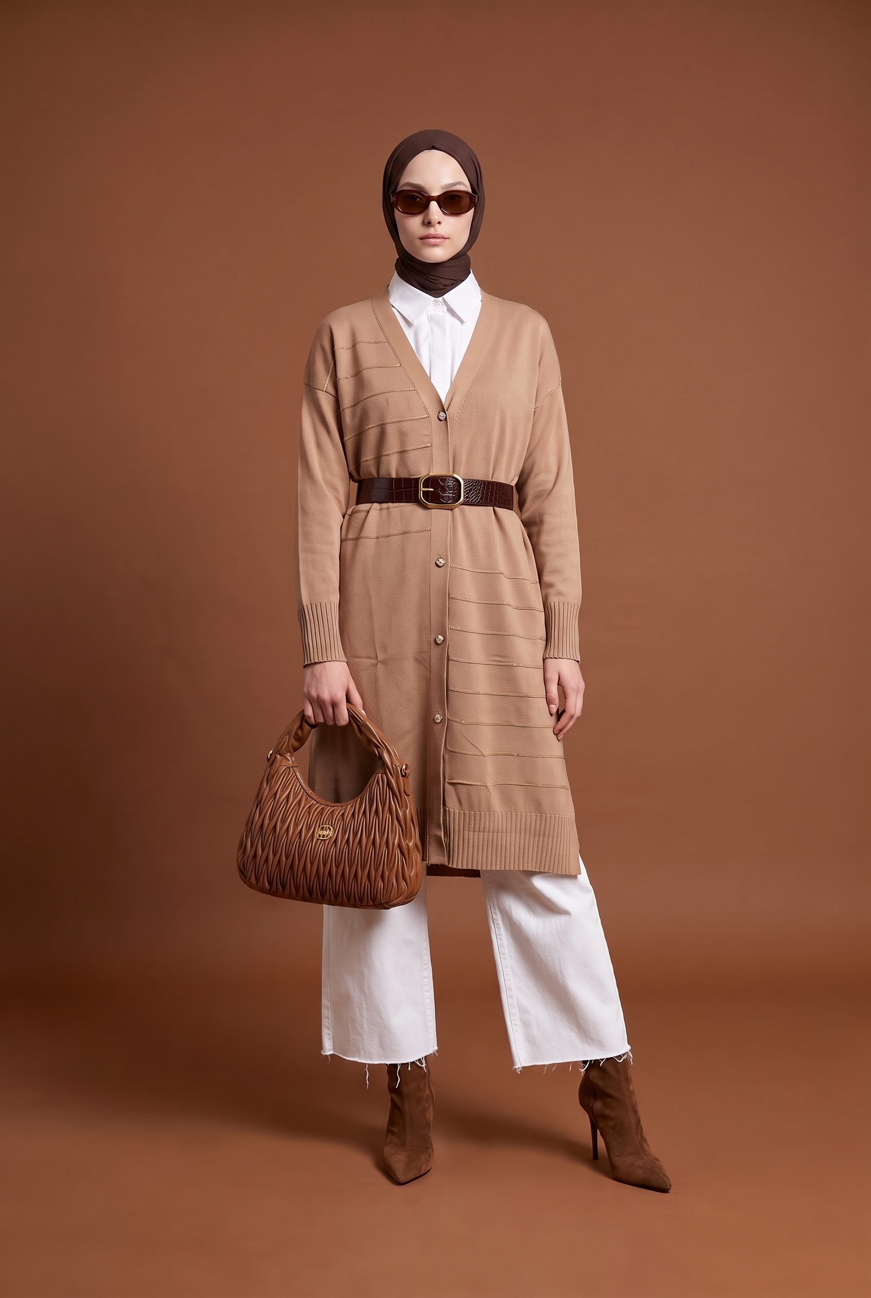 Armine Trend 26KTD501 Düğme Detaylı Uzun Hırka Koyu Taş Hırka ARMİNE TREND 