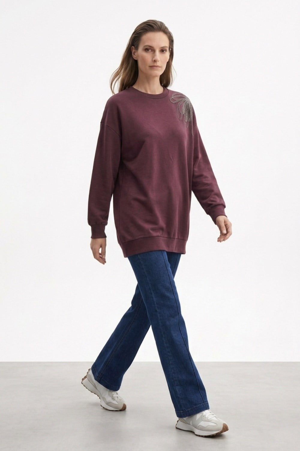 Tek Omuz İşlemeli İnce Sweat Tunik 3494 Mürdüm Tunik Ekrutex 