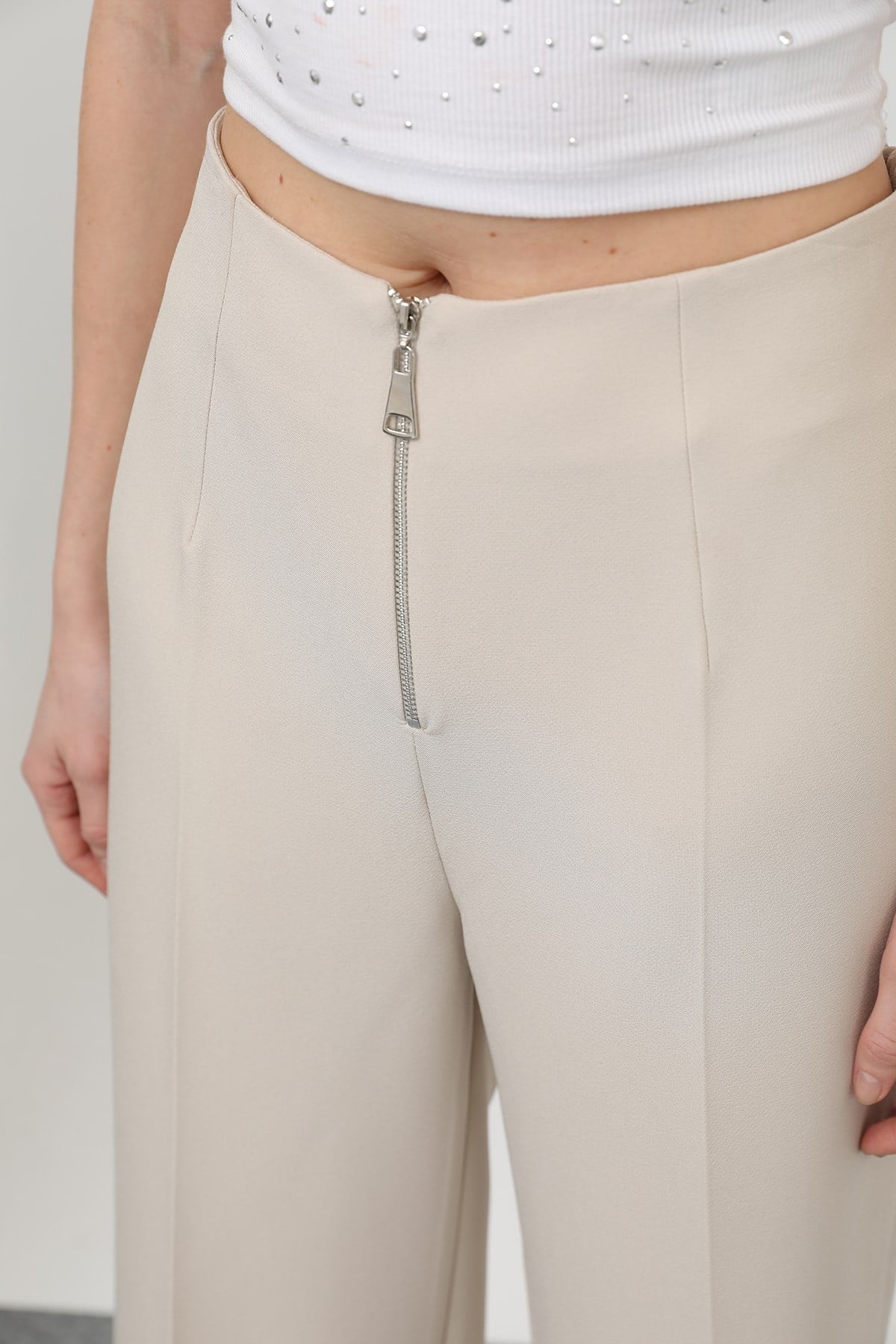 Fermuar Detaylı Pantolon 18228-1 Bej Pantolon PUANE 