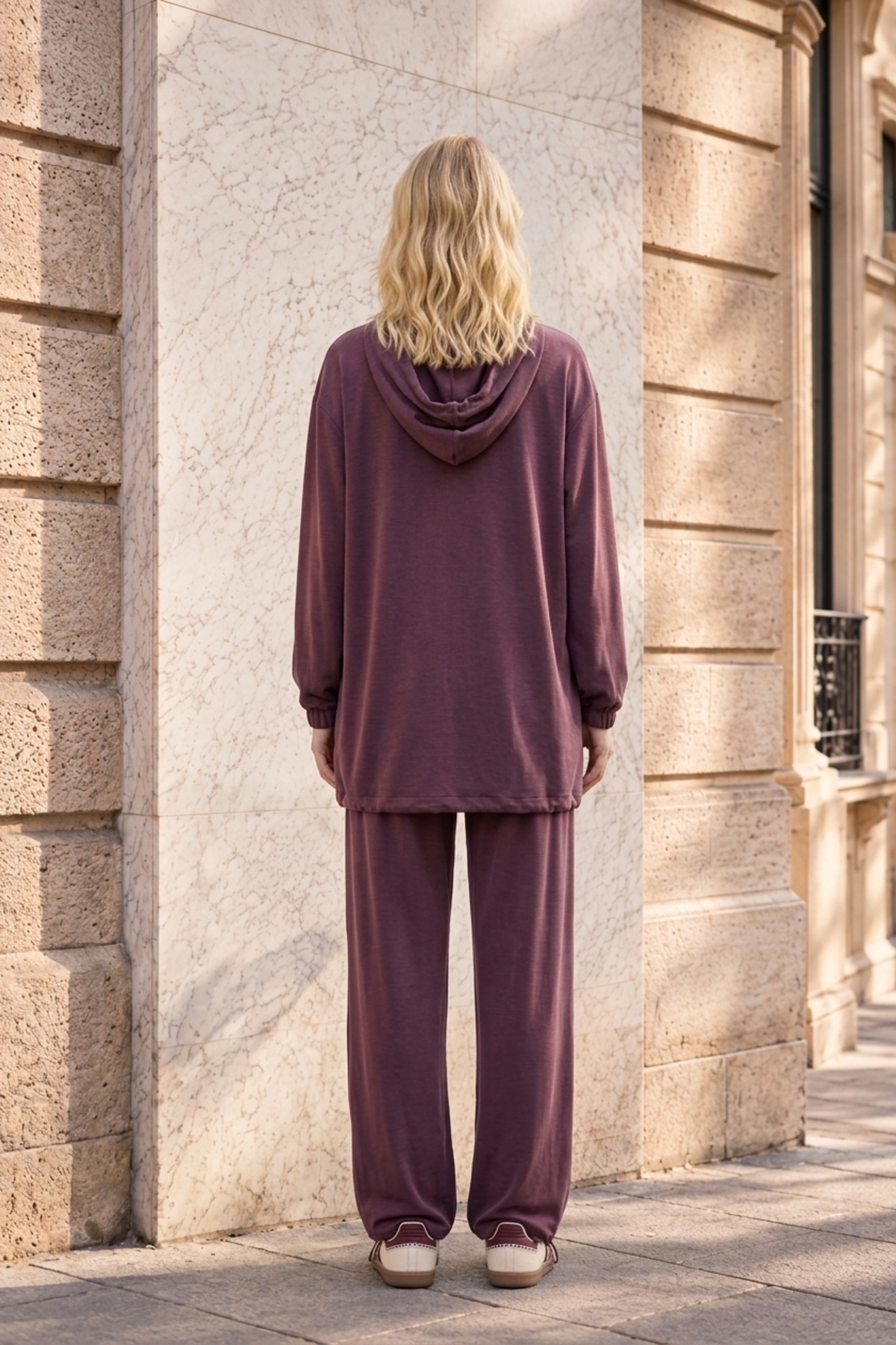 Bir Yanı Etiket Baskılı Pantolonlu Takım 1639 Mürdüm Takım STELLA STORE 