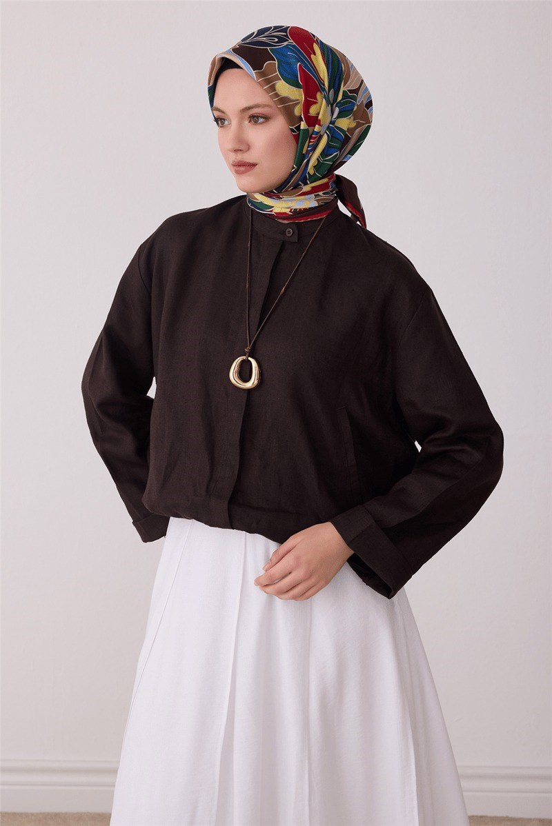 Belli 4413 Manolya Bahçesi Çiçekli %100 Twill İpek Eşarp - Kahve Eşarp BELLI 