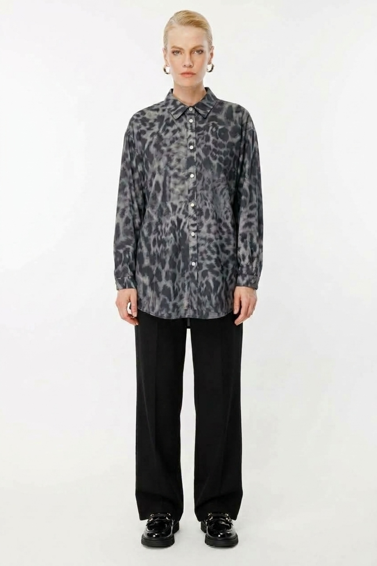 Ghisa Leopar Baskılı Gömlek Tunik 4520 Siyah Tunik GHİSA 
