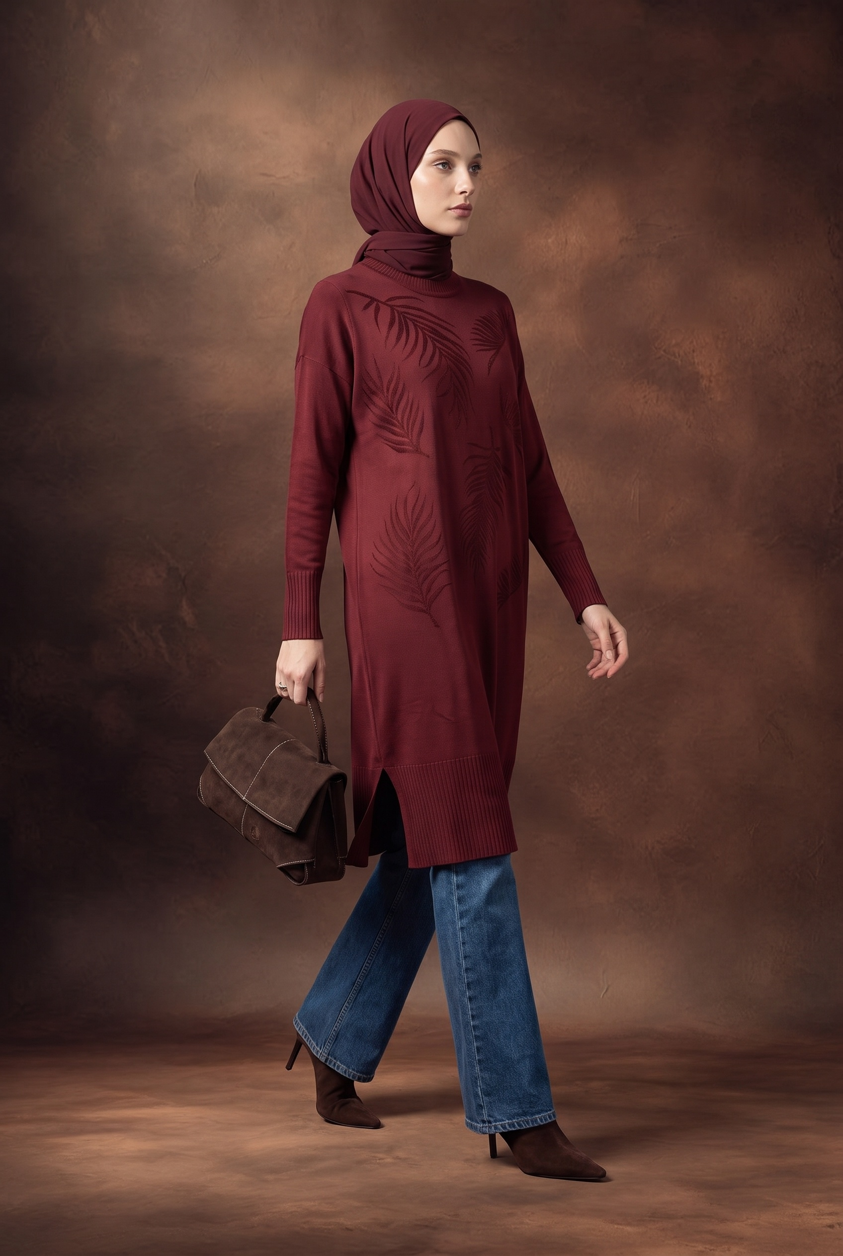 Armine Trend 26KTD408 Yaprak Baskı Detay Tunik Bordo Tunik ARMİNE TREND 