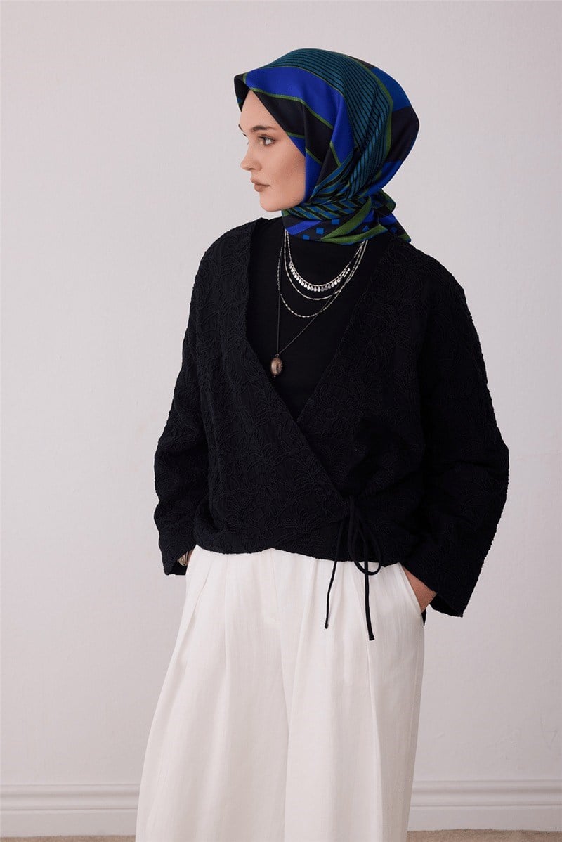 Belli 4401 Köşeli Ritim Geometrik %100 Twill İpek Eşarp - Yeşil Eşarp BELLI 