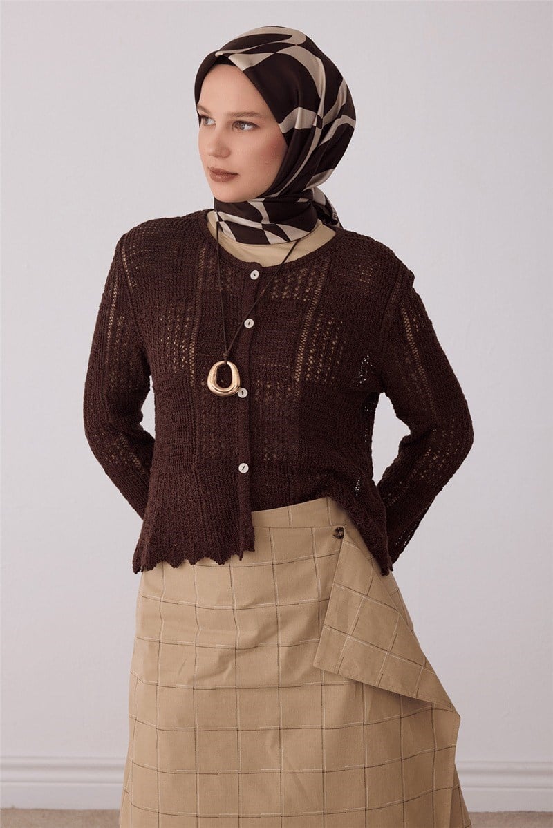 Belli 4429 Fırça Akışı Soyut %100 Twill İpek Eşarp - Acı Kahve Eşarp BELLI 