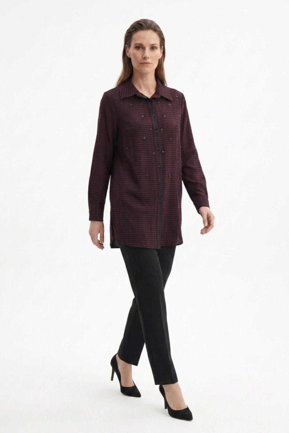 Fuat Gürşen 6304 Serpme Taş İşlemeli Tunik - Bordo Tunik FUAT GÜRŞEN 