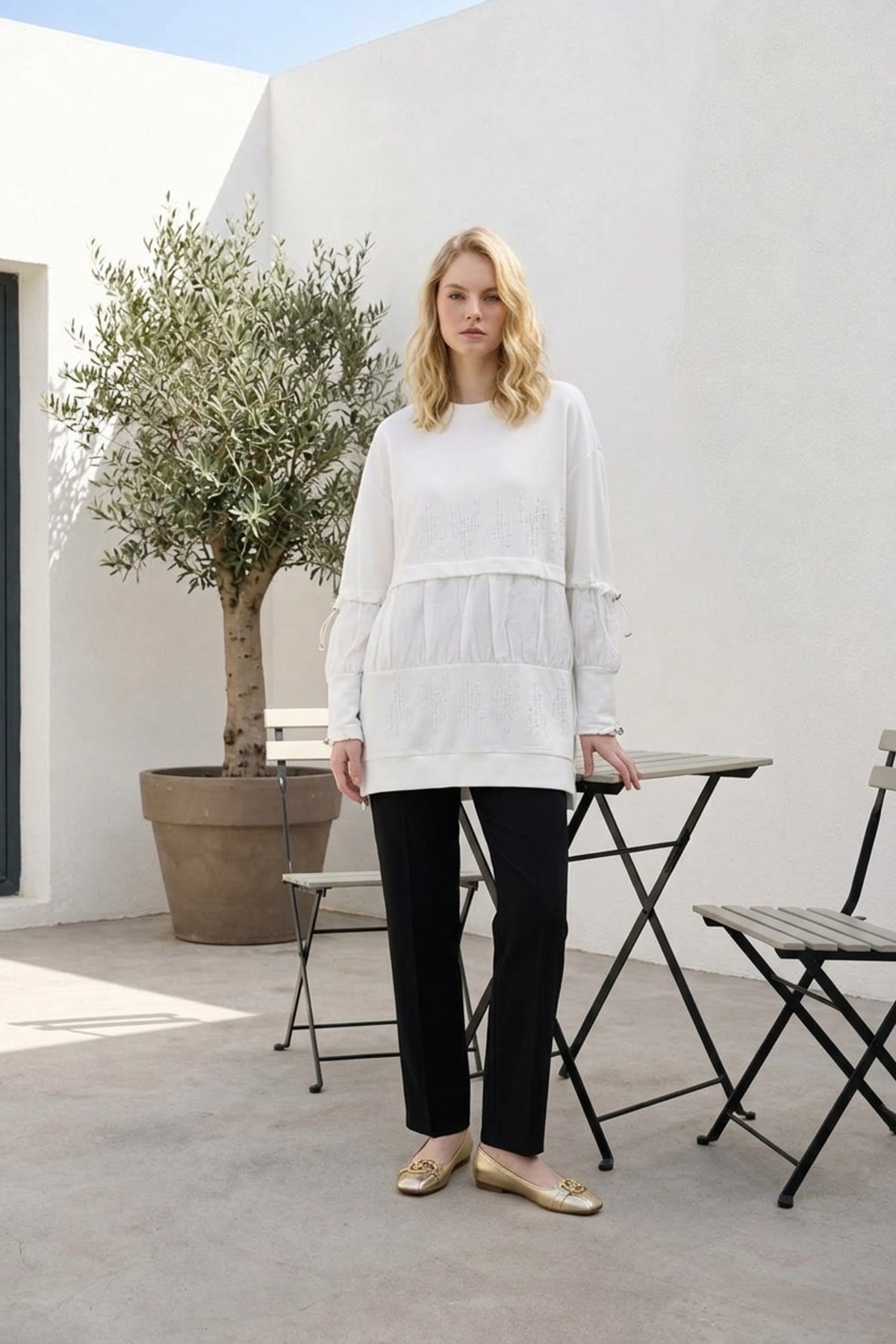 Dik Taş Baskılı Tunik 10825 Ekru Tunik PUANE 