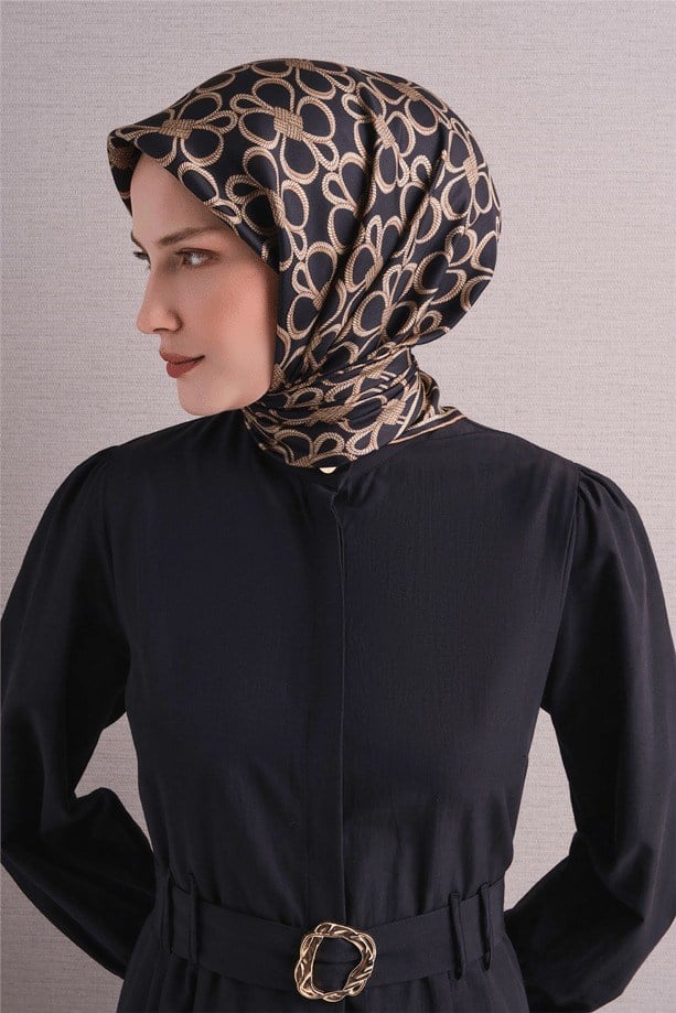 Armine Dj Saf Twill İpek Eşarp 9638D (T) - Siyah Gold Eşarp ARMİNE 