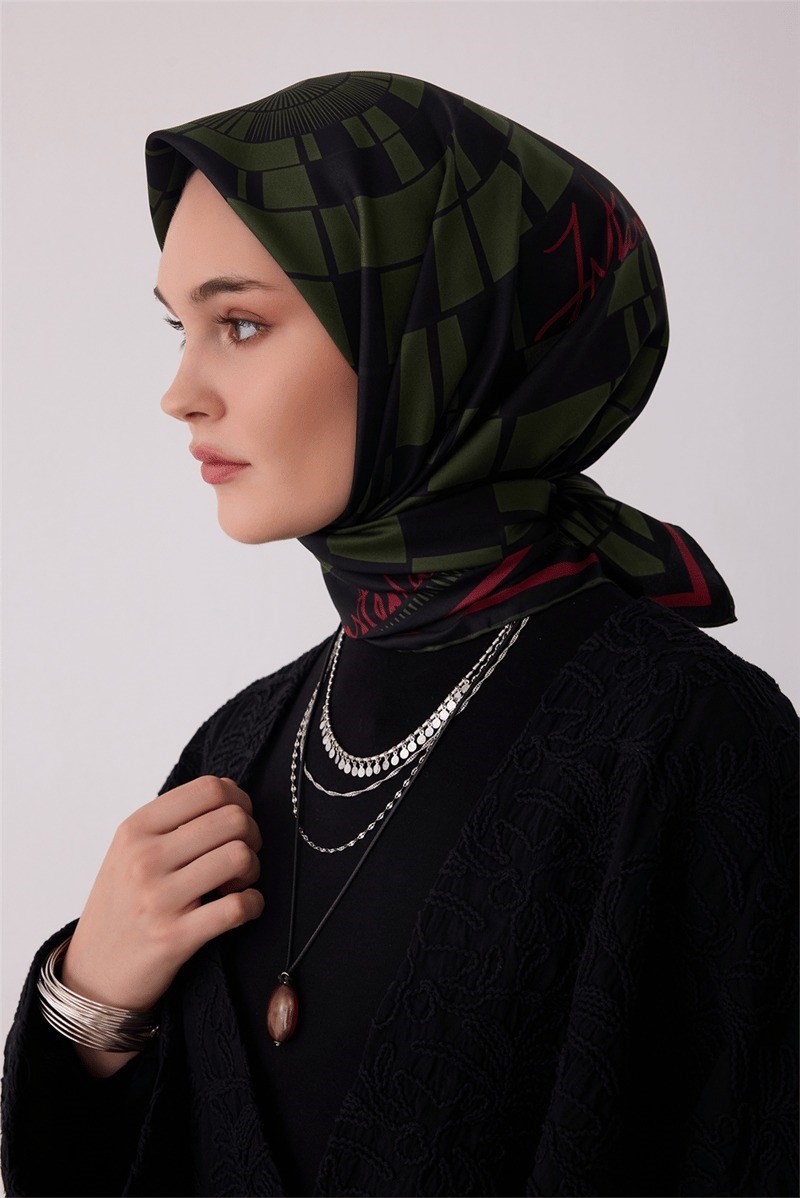 Belli 4411 Kristal Kafes Geometrik %100 Twill İpek Eşarp - Haki Eşarp BELLI 