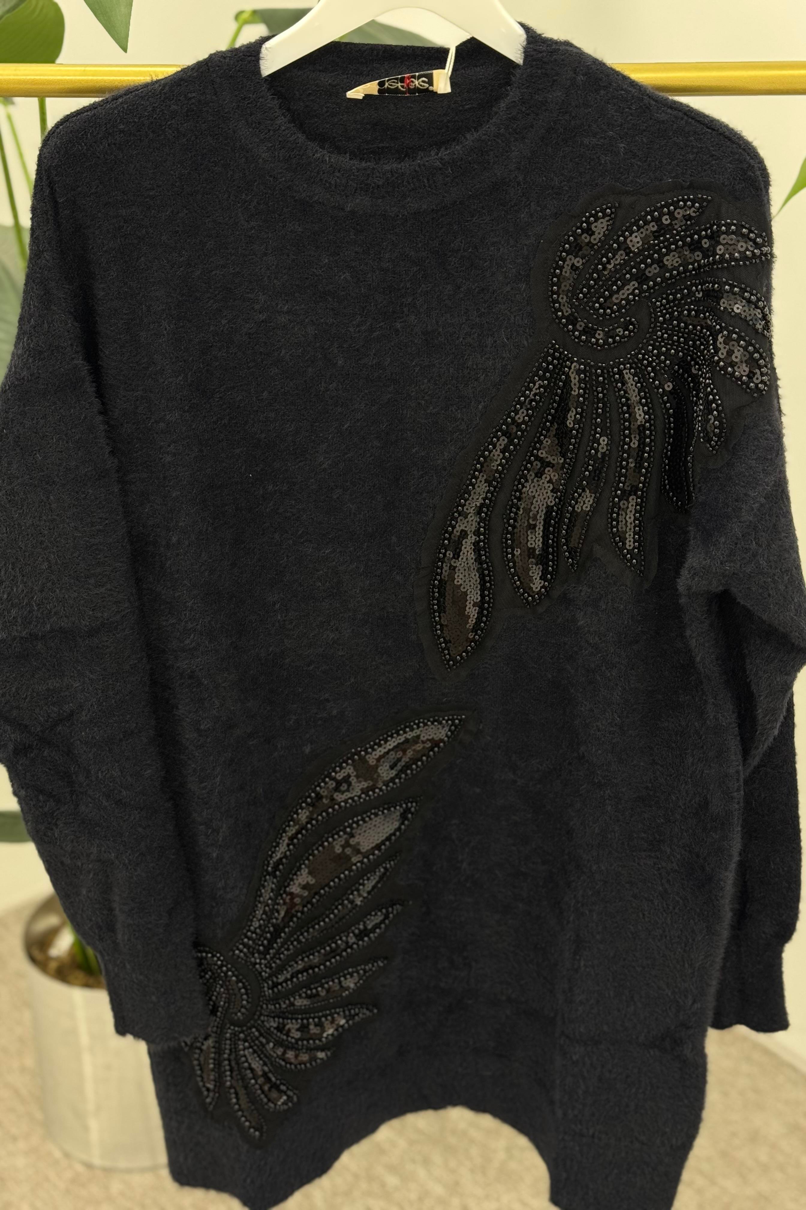 NEFİSE Angora Boncuklu Bisiklet Yaka Tunik 140297 - Siyah  Tunik 