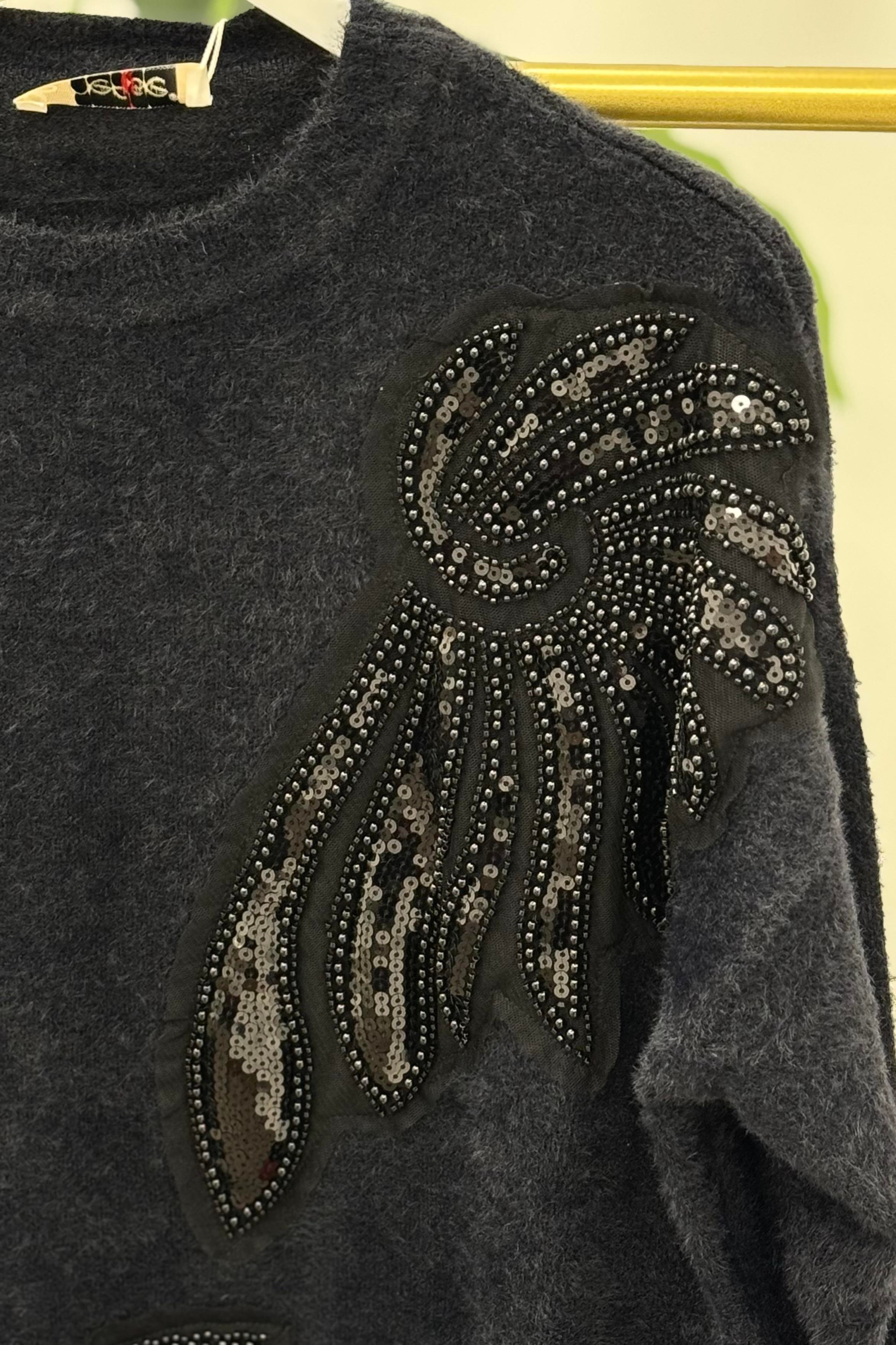 NEFİSE Angora Boncuklu Bisiklet Yaka Tunik 140297 - Siyah  Tunik 