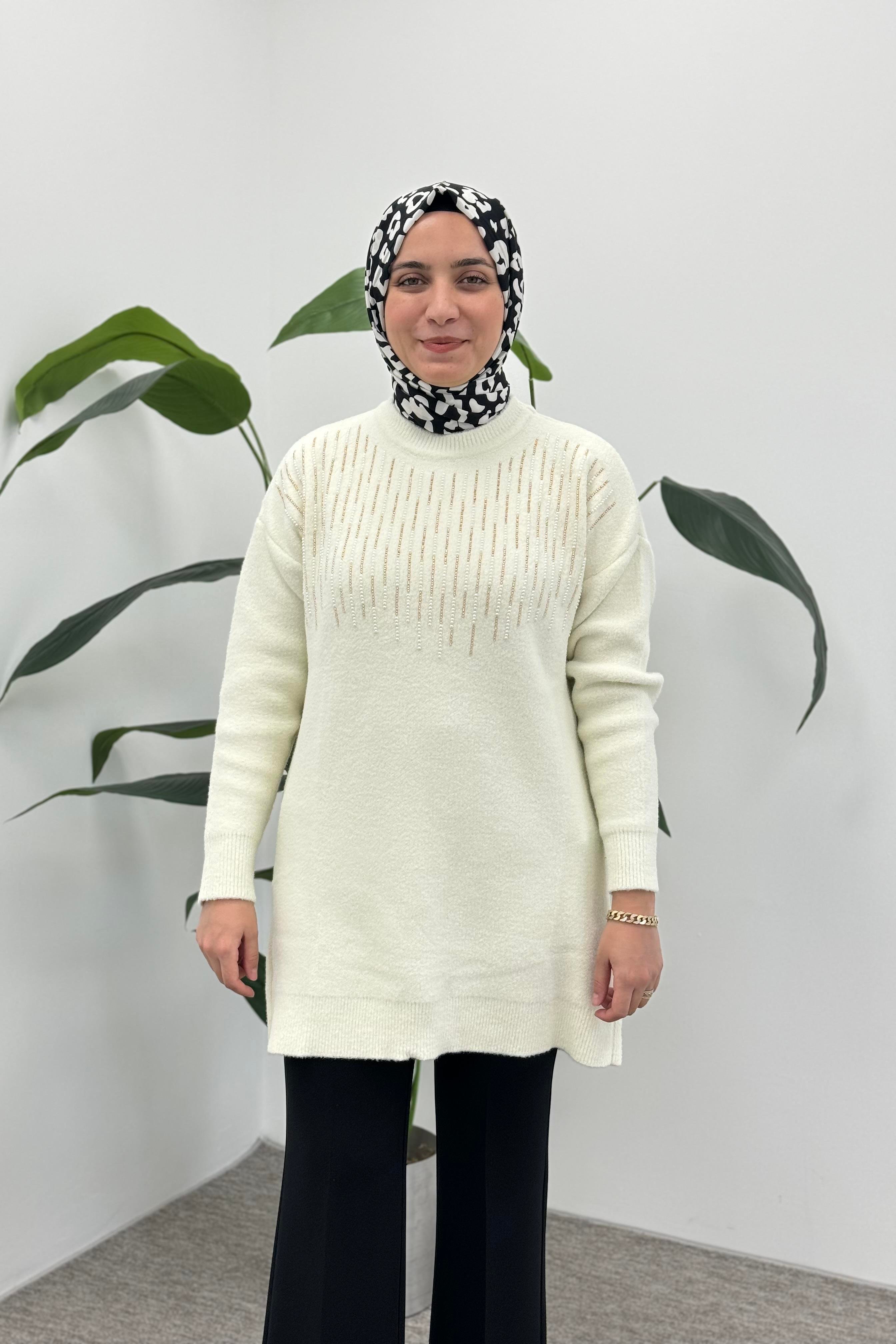 NEFİSE Angora Dikine İncili Tunik 7636 - Vanilya  Tunik 
