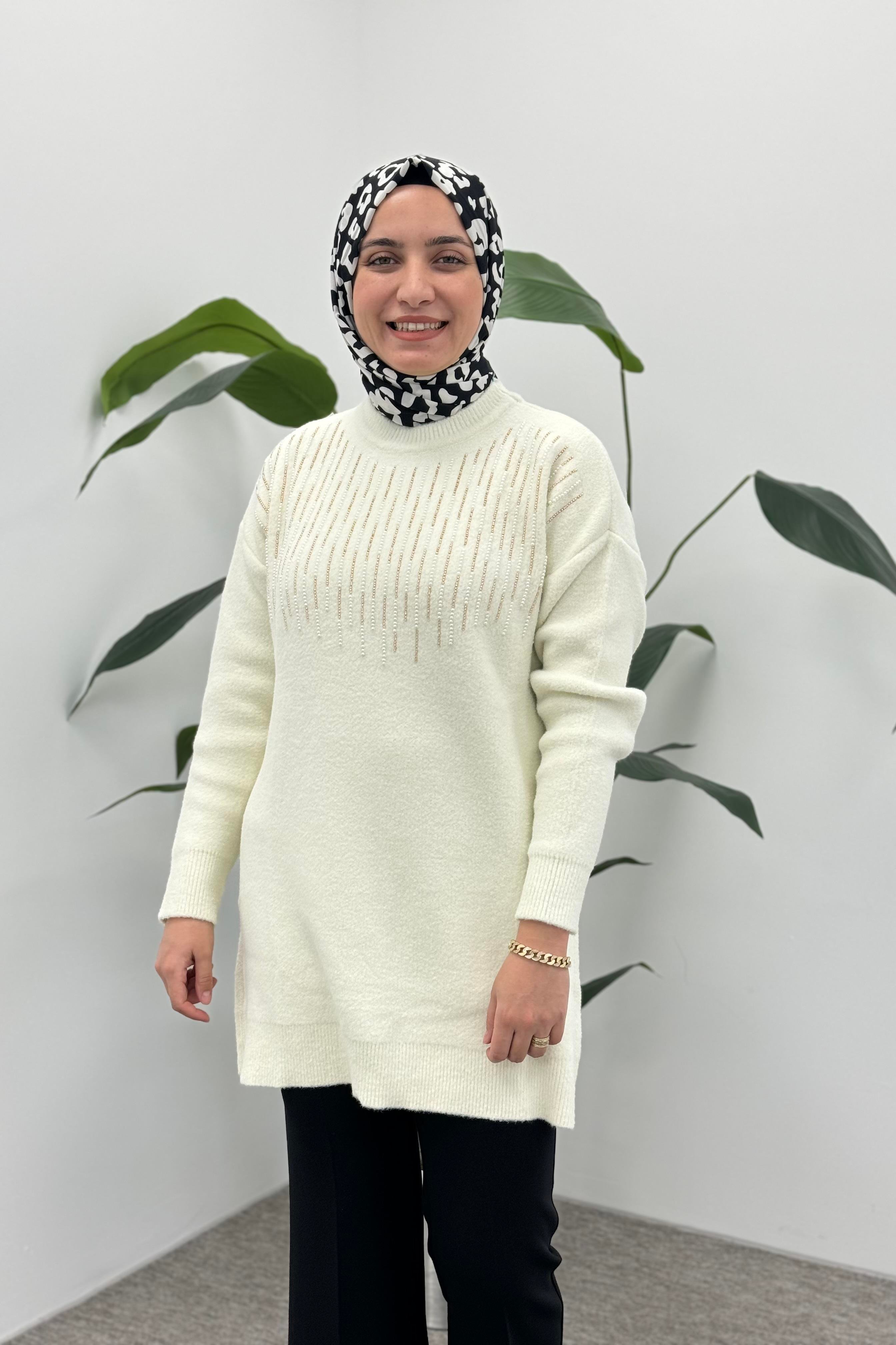 NEFİSE Angora Dikine İncili Tunik 7636 - Vanilya  Tunik 