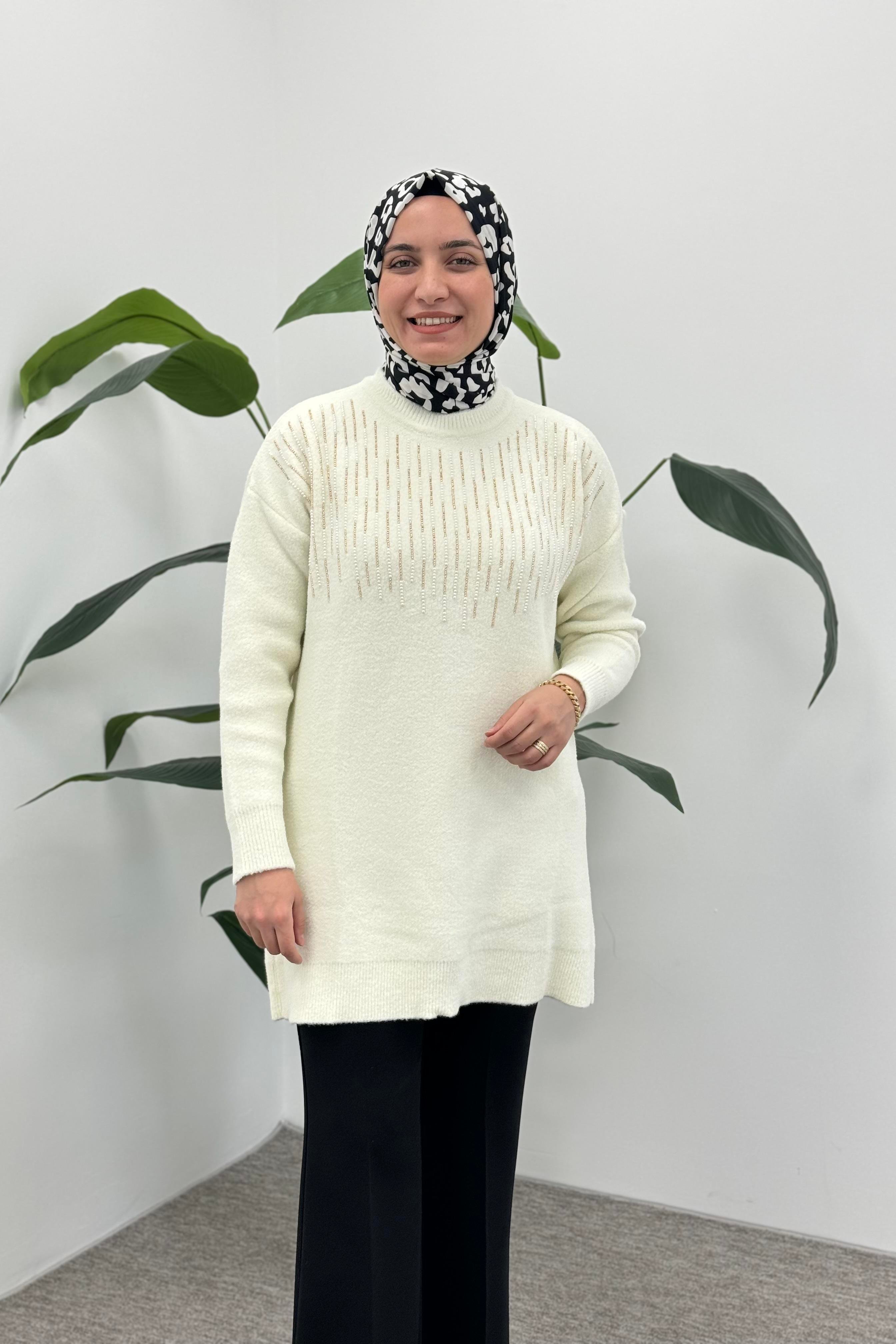 NEFİSE Angora Dikine İncili Tunik 7636 - Vanilya  Tunik 