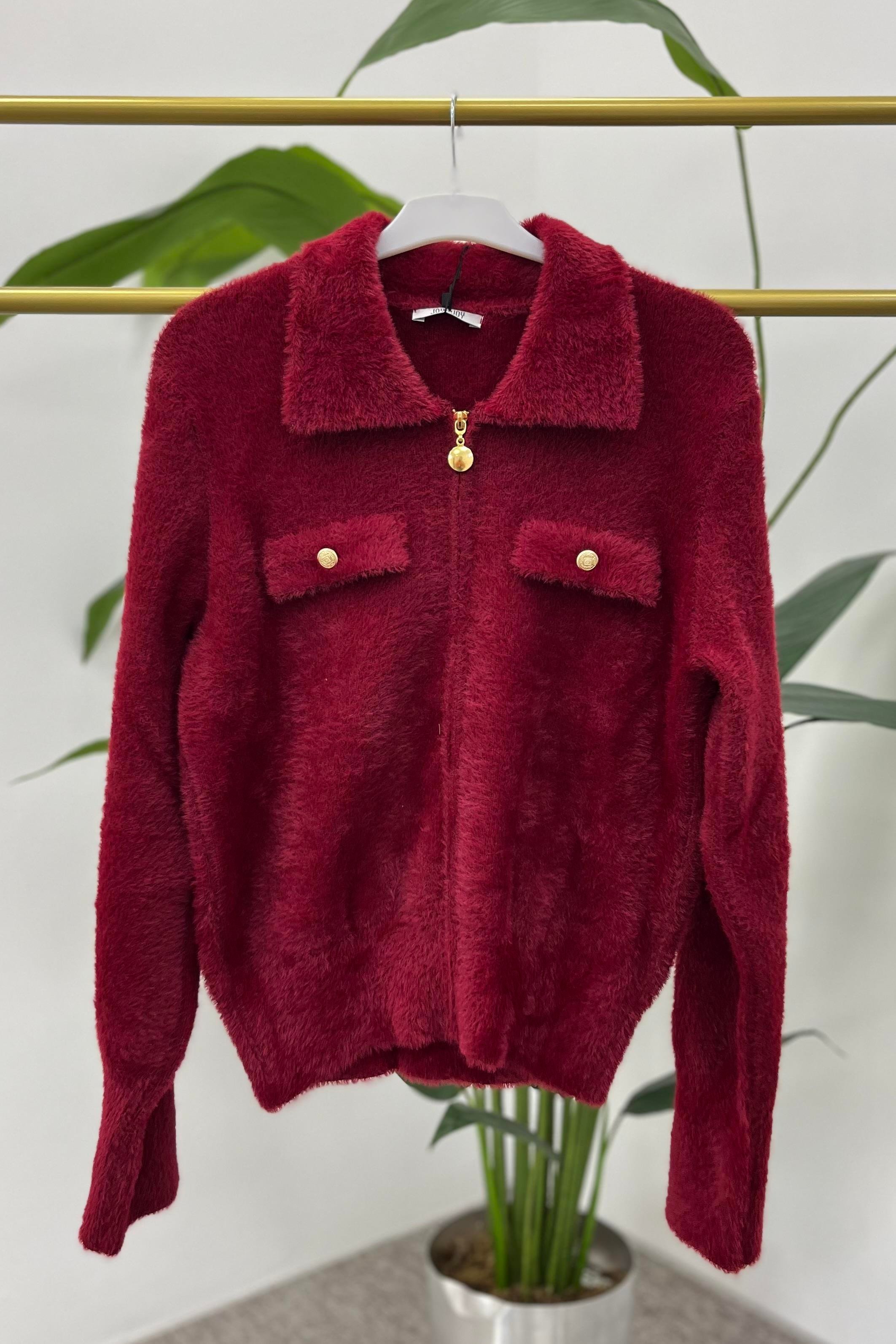 NEFİSE Angora Fermuarlı Gömlek Yaka Hırka 7601 - Bordo  Hırka 