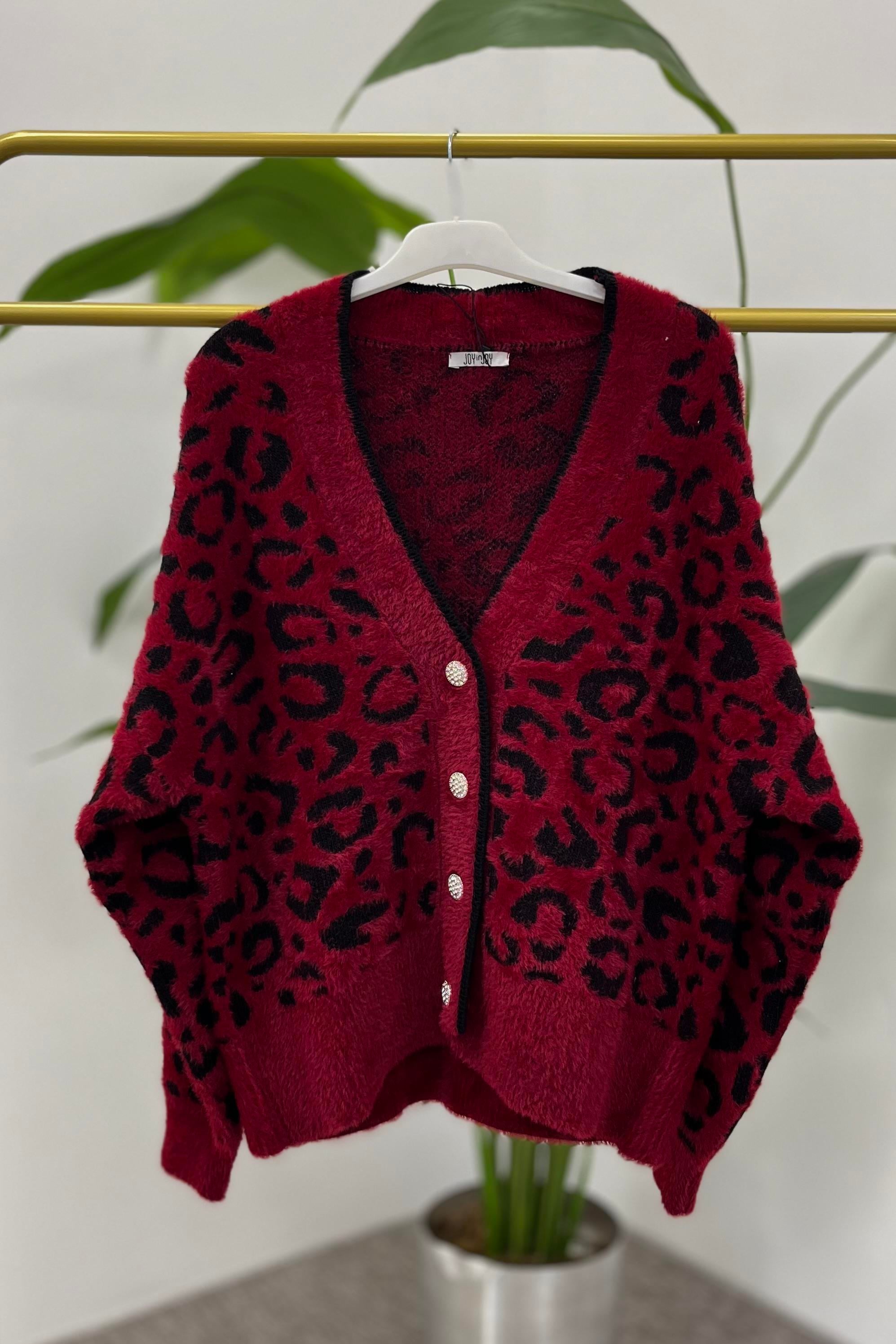 NEFİSE Angora Leopar Desenli Ceket Hırka 7588 - Bordo Siyah  Hırka 
