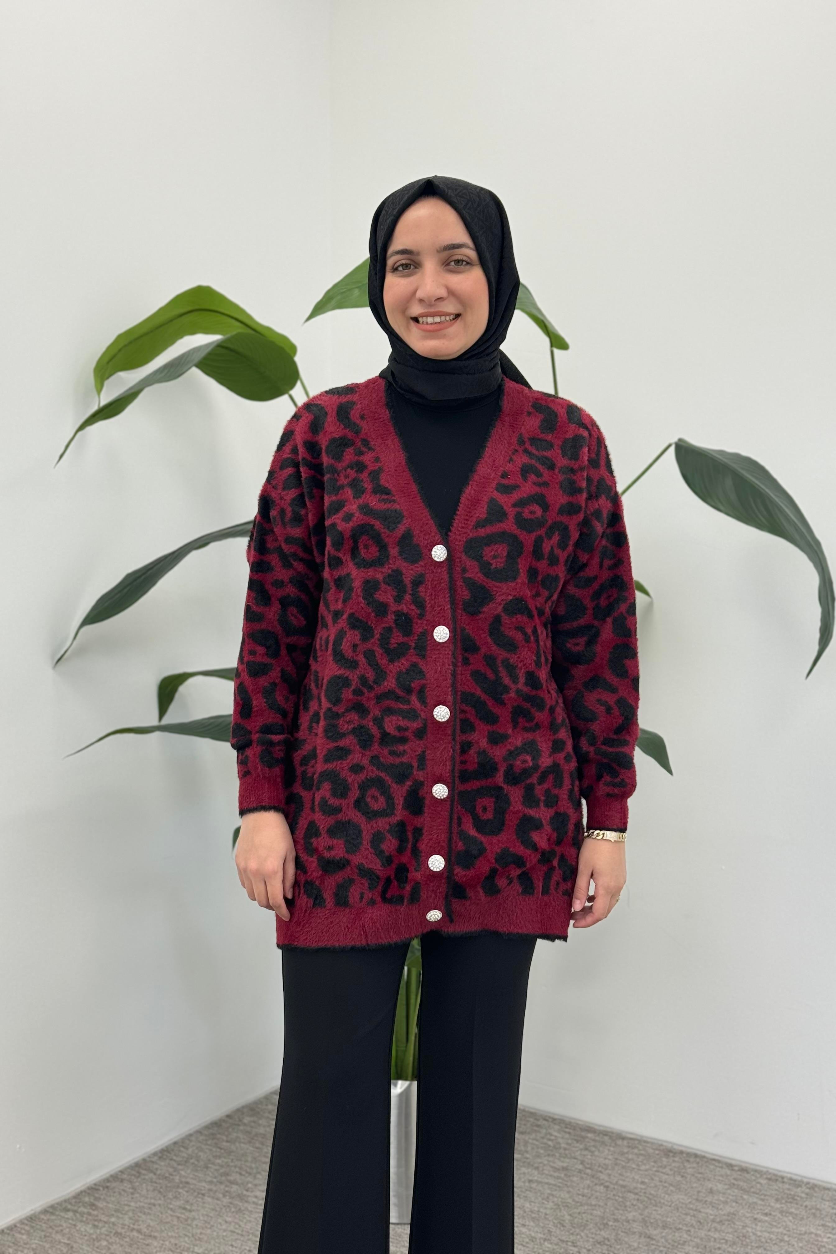 NEFİSE Angora Leopar Desenli Uzun Hırka 101003 - Bordo  Hırka 