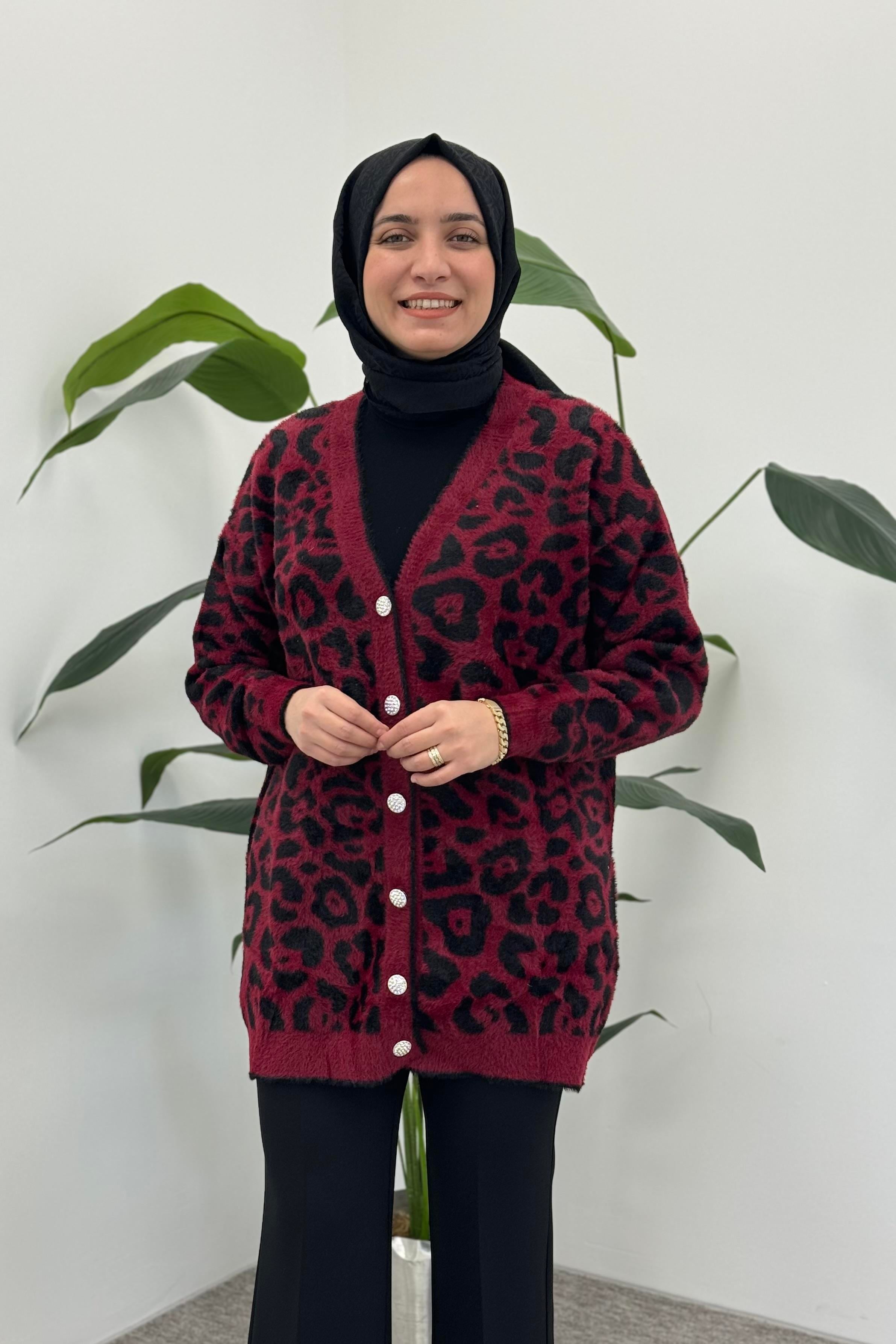 NEFİSE Angora Leopar Desenli Uzun Hırka 101003 - Bordo  Hırka 