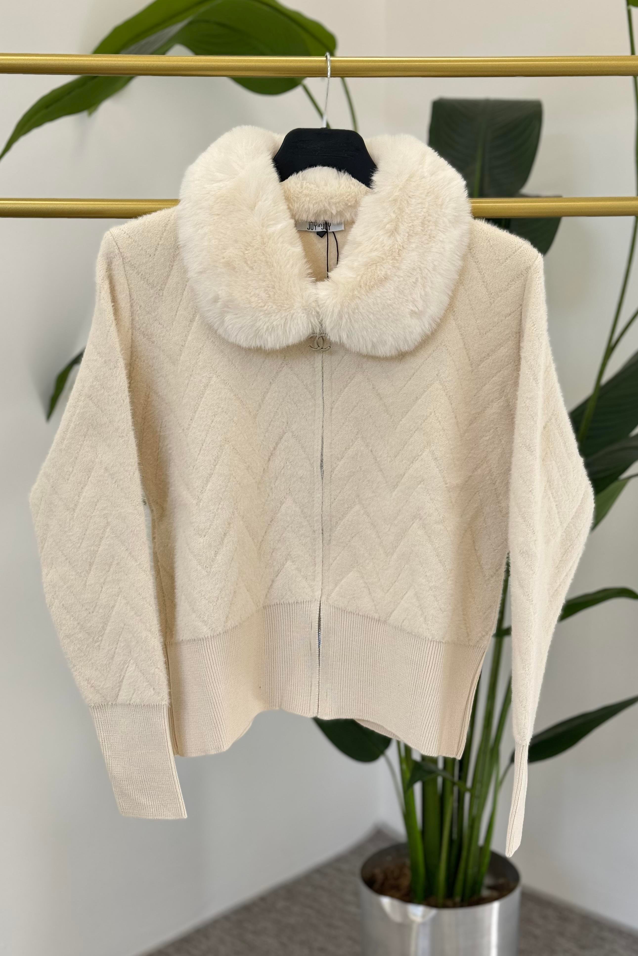 NEFİSE Angora Yakası Kürklü Hırka 140243 - Vanilya  Hırka 