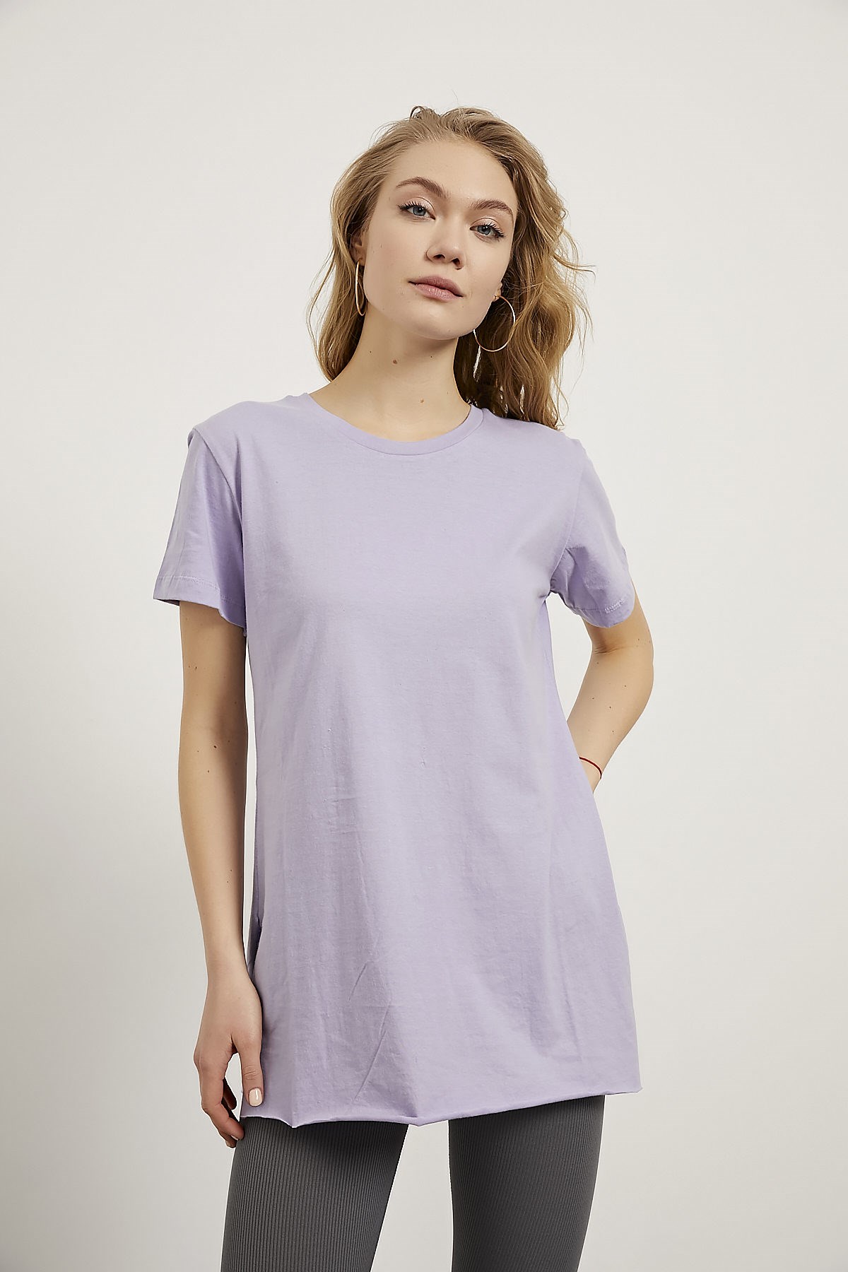 ARMALİFE Bisiklet Yaka Yirtmaçli Basic Bayan T-Shirt - Lila