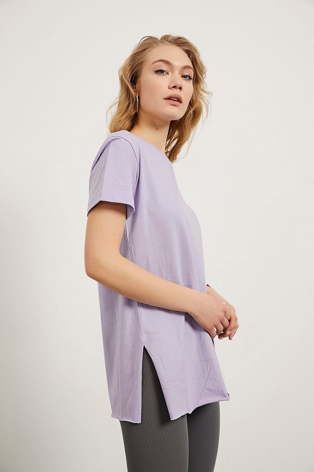 ARMALİFE Bisiklet Yaka Yirtmaçli Basic Bayan T-Shirt - Lila