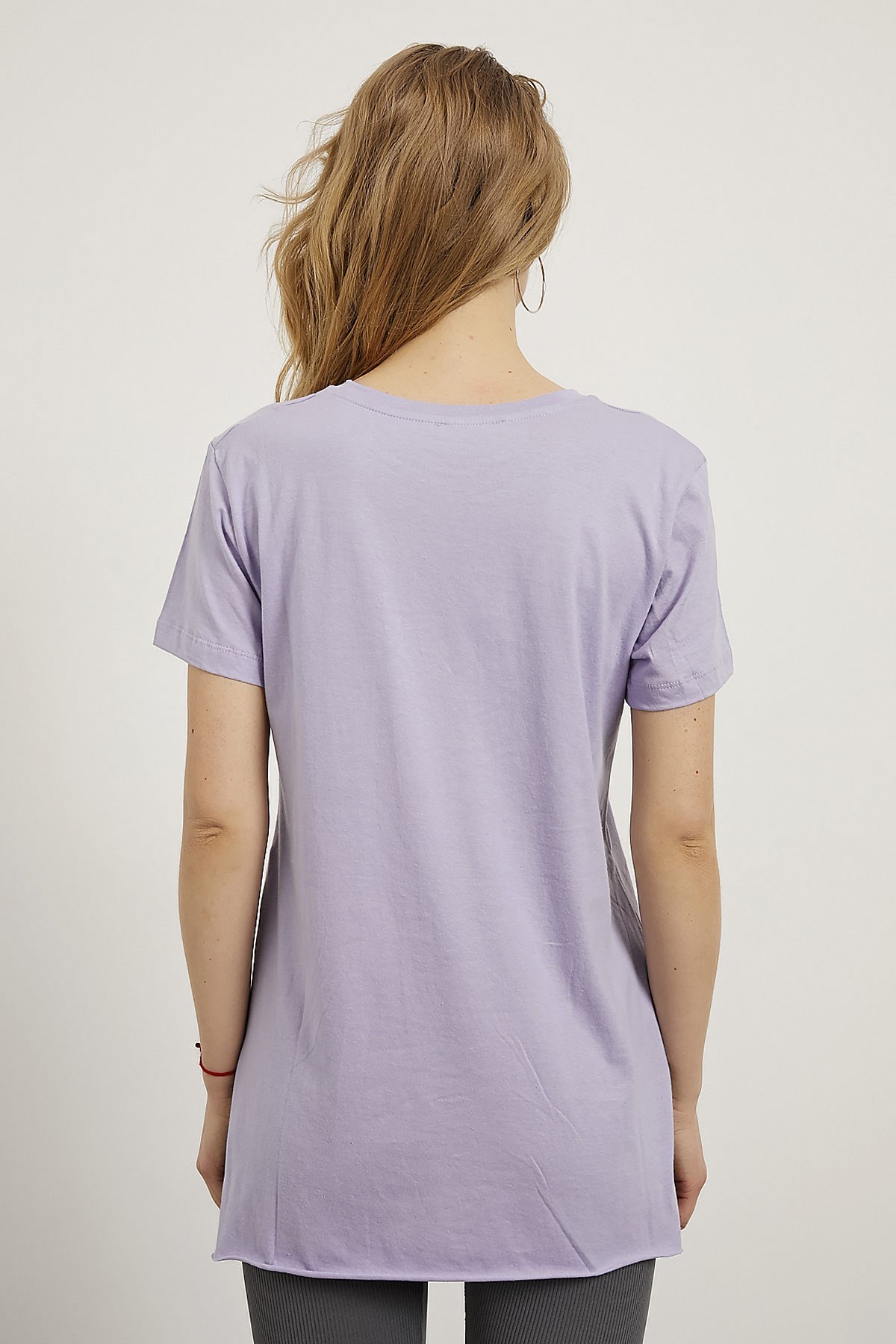 ARMALİFE Bisiklet Yaka Yirtmaçli Basic Bayan T-Shirt - Lila