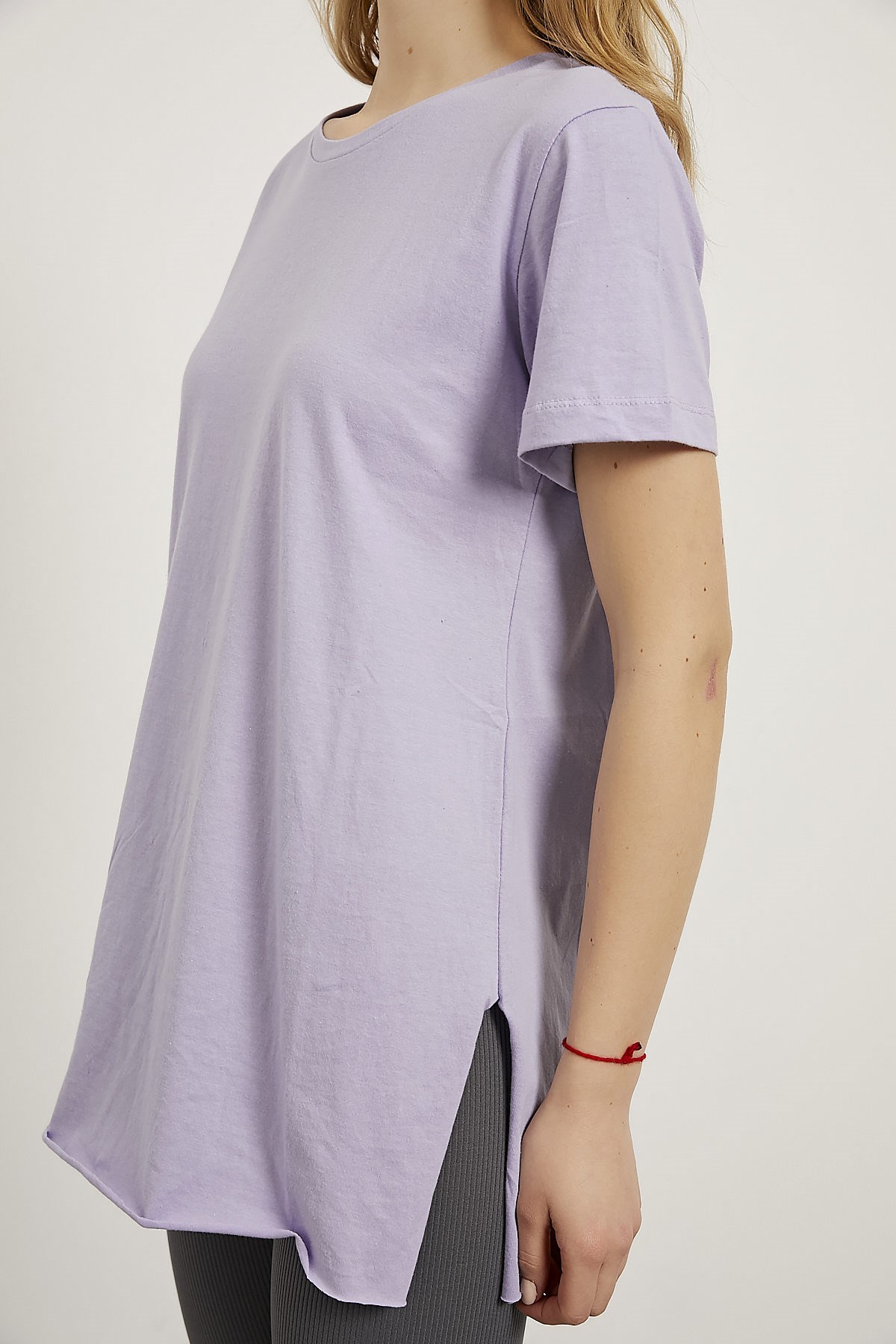ARMALİFE Bisiklet Yaka Yirtmaçli Basic Bayan T-Shirt - Lila