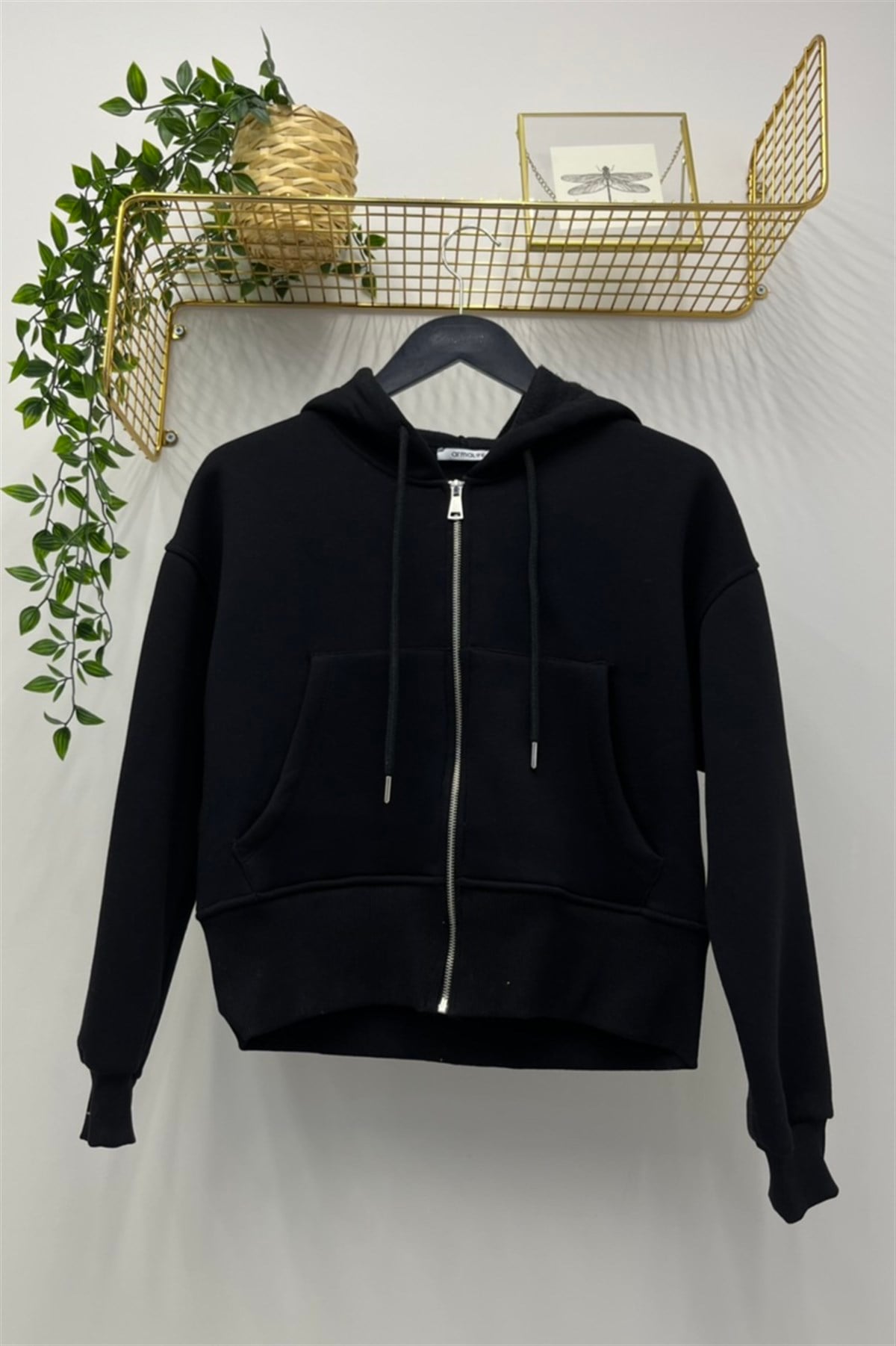 ARMALİFE Fermuarlı Kapşonlu Kısa Üçiplik Şardonlu Bayan Sweat - 103 - Siyah  Sweatshirt