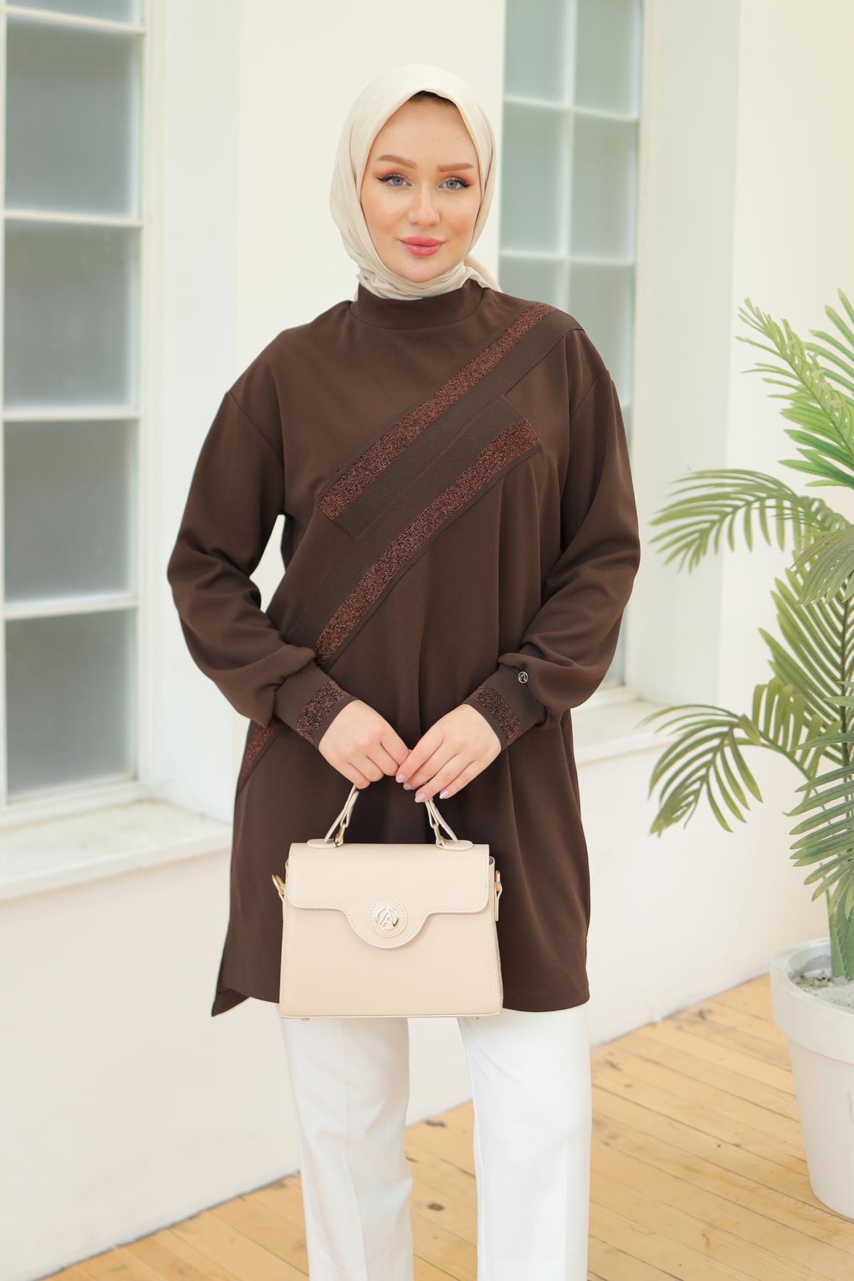 ARMİNE TREND Armine Trend 24Kt418 Çapraz Sim Biyeli Tunik - Kahverengi  Tunik 