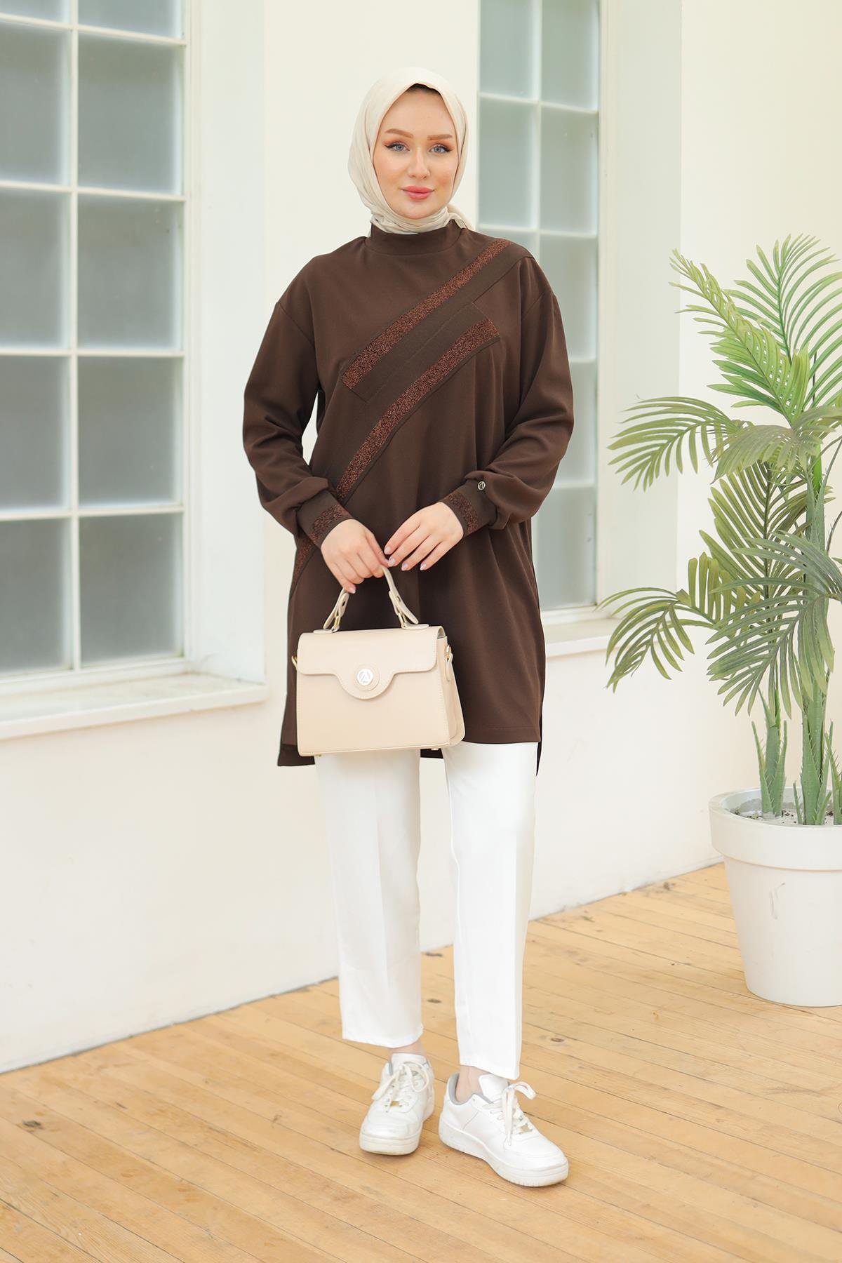 ARMİNE TREND Armine Trend 24Kt418 Çapraz Sim Biyeli Tunik - Kahverengi  Tunik 