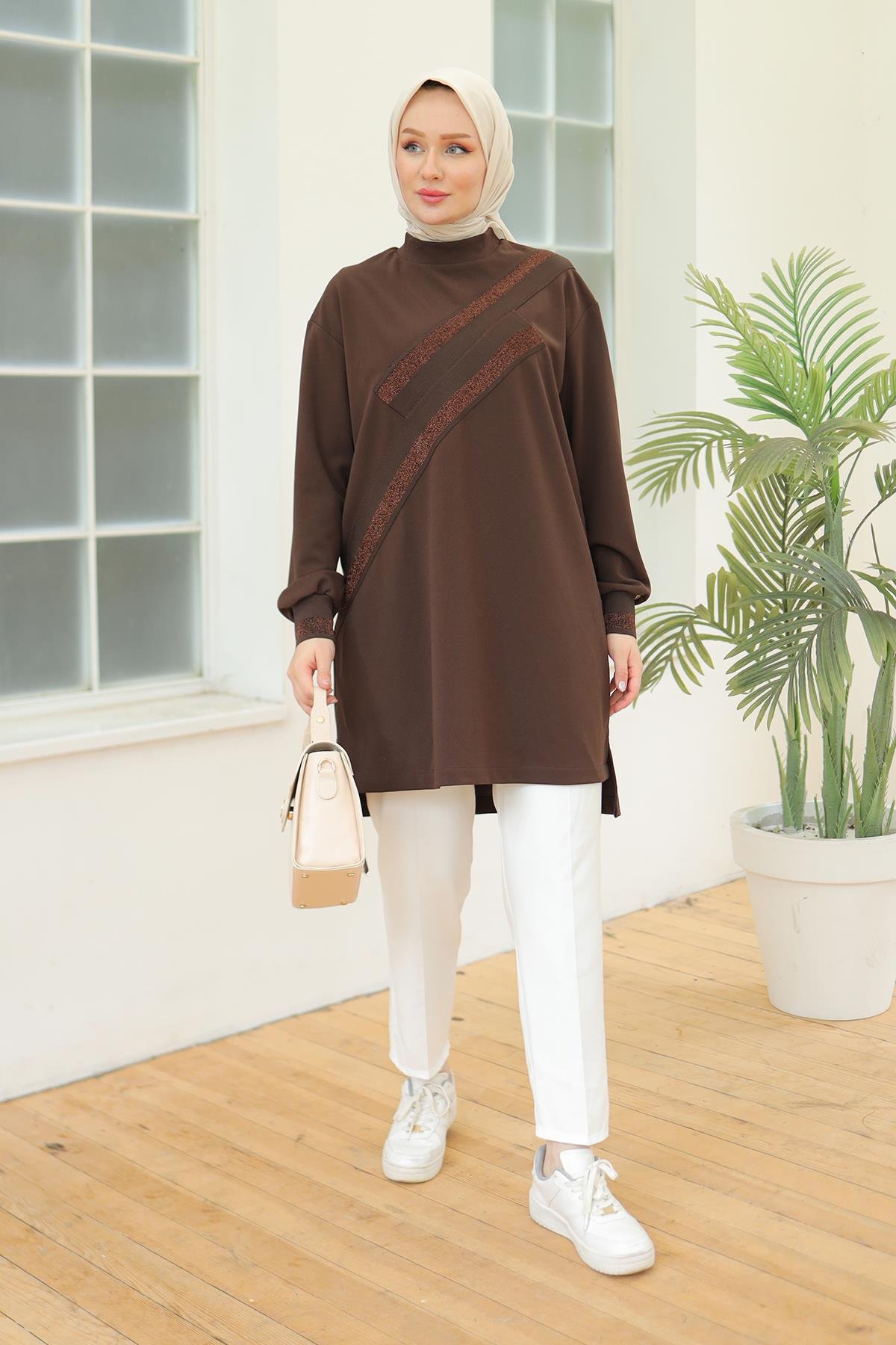 ARMİNE TREND Armine Trend 24Kt418 Çapraz Sim Biyeli Tunik - Kahverengi  Tunik 