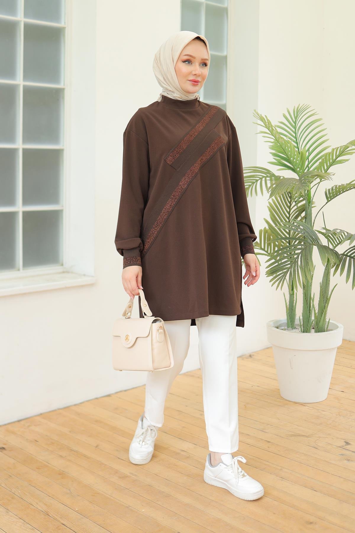 ARMİNE TREND Armine Trend 24Kt418 Çapraz Sim Biyeli Tunik - Kahverengi  Tunik 