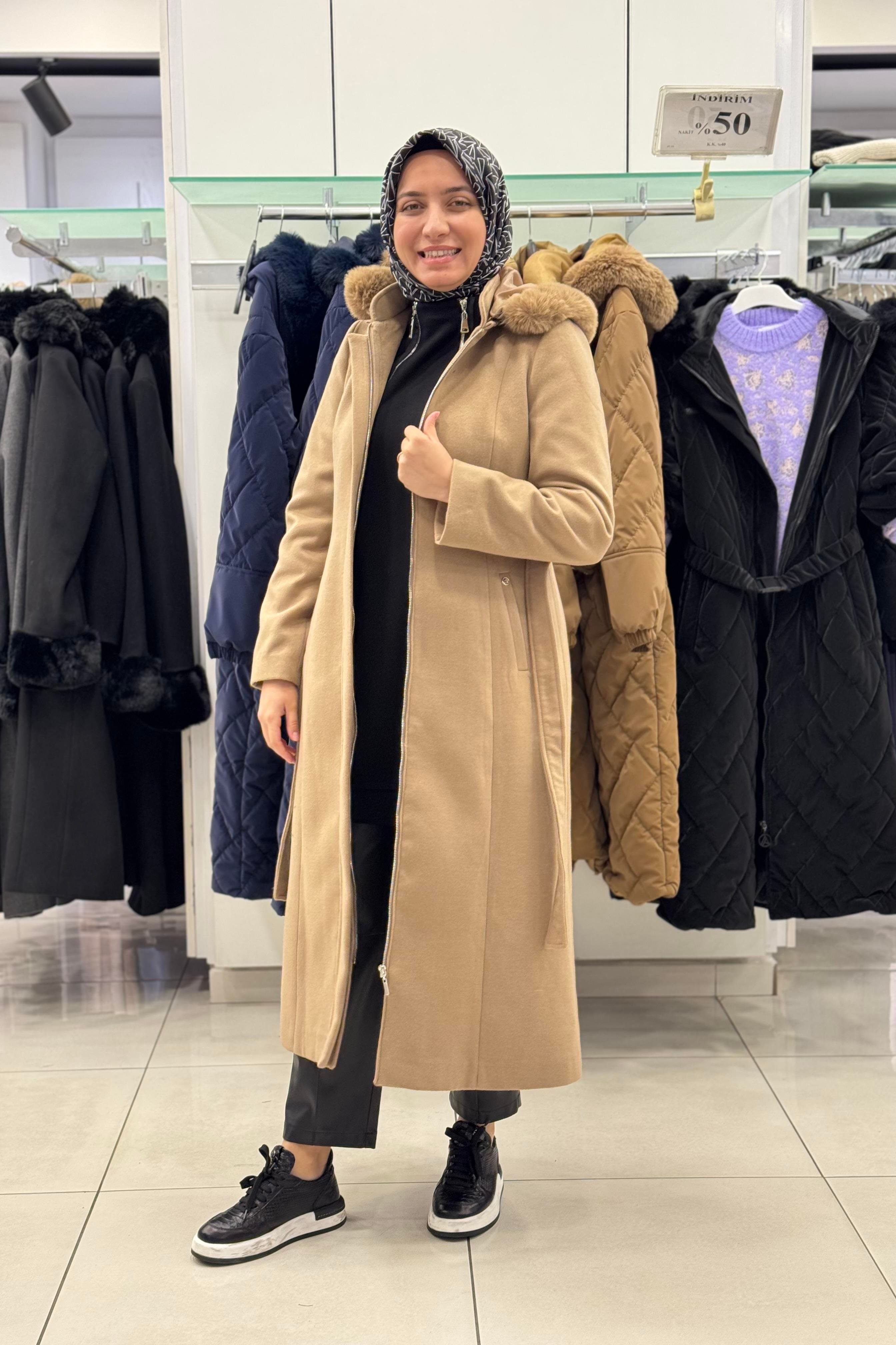 ARMİNE TREND Armine Trend 24Kt742 Fermuarlı Kemer Detaylı Kaban - Vizon  Kaban & Mont 