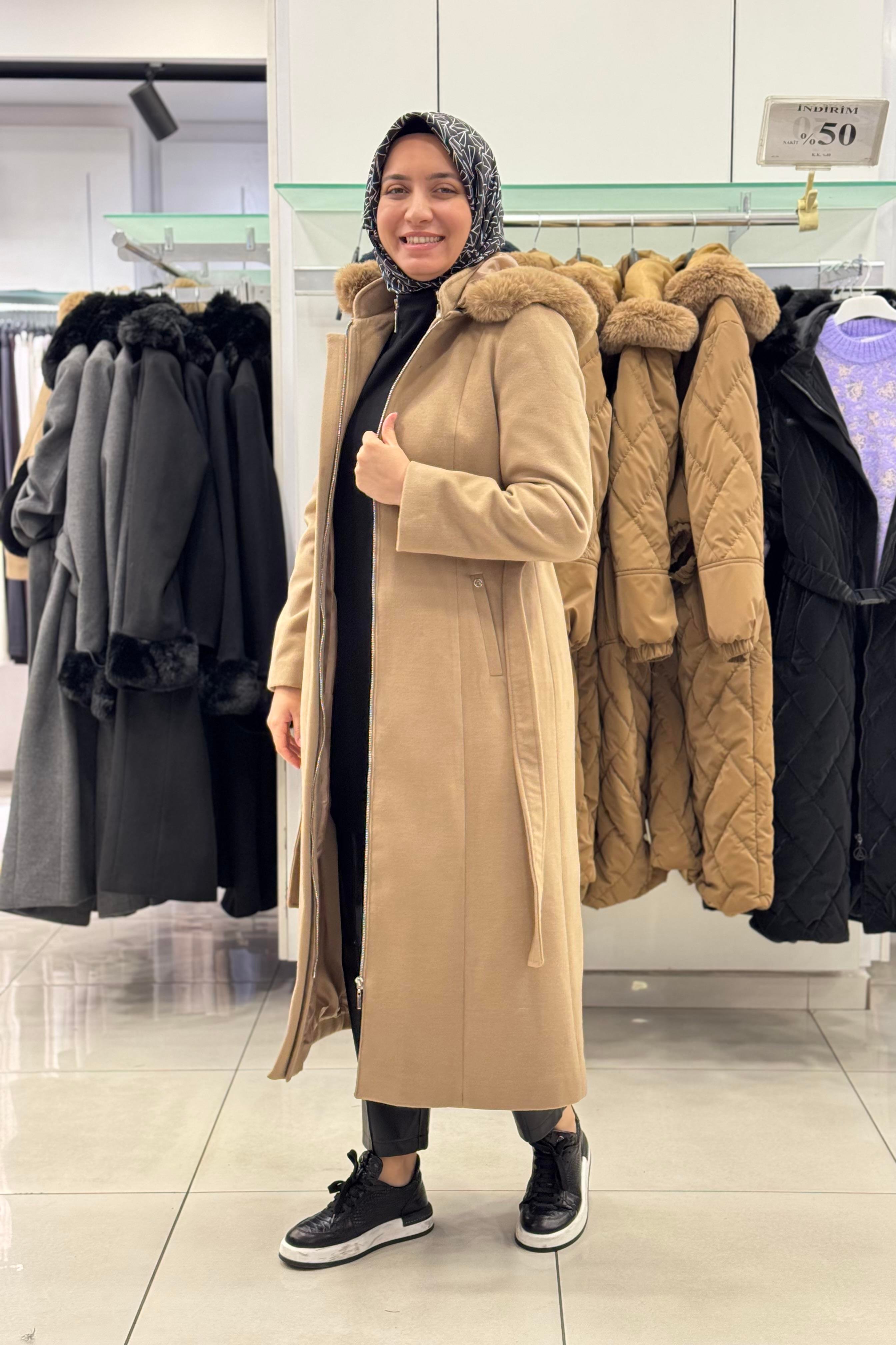 ARMİNE TREND Armine Trend 24Kt742 Fermuarlı Kemer Detaylı Kaban - Vizon  Kaban & Mont 