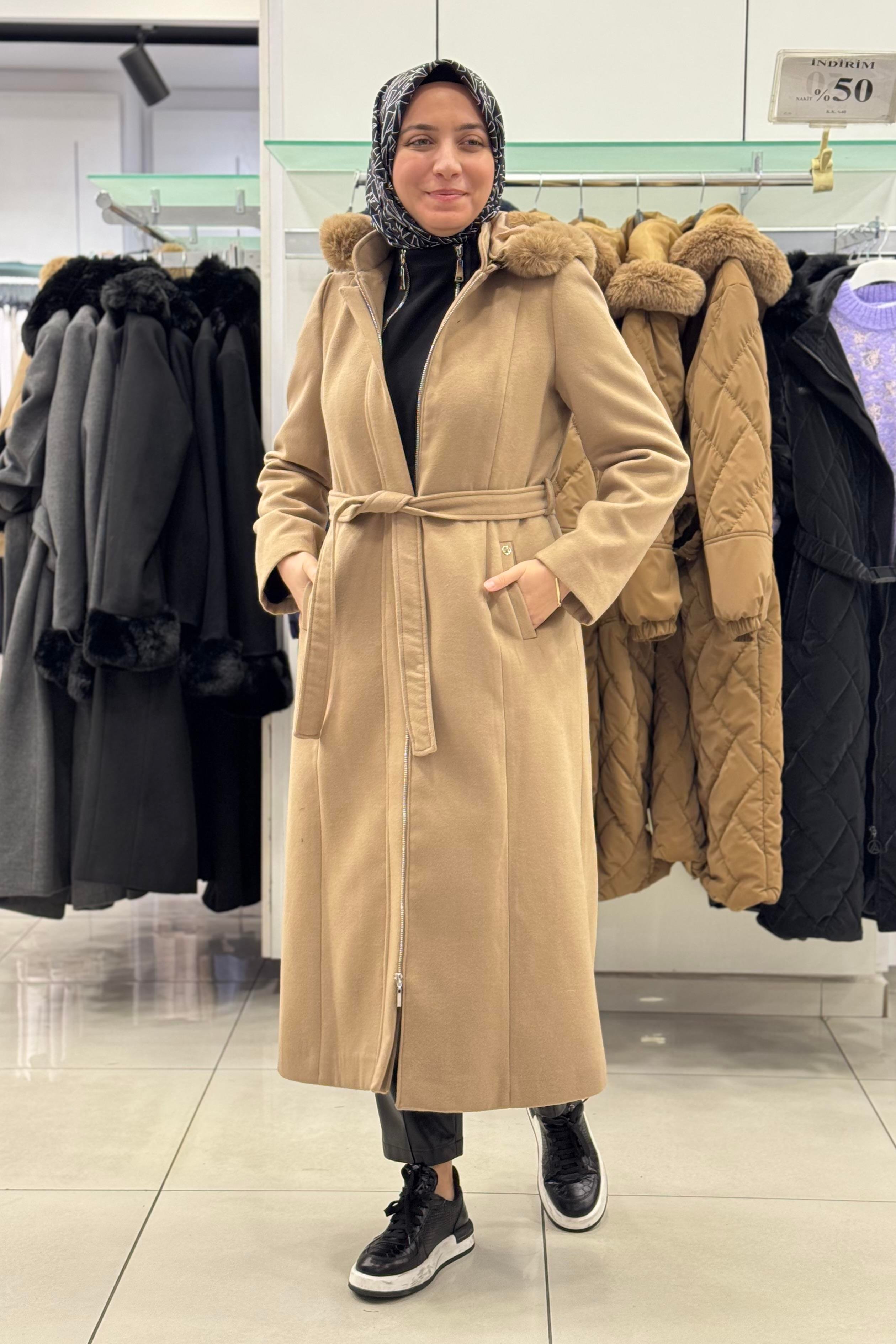 ARMİNE TREND Armine Trend 24Kt742 Fermuarlı Kemer Detaylı Kaban - Vizon  Kaban & Mont 