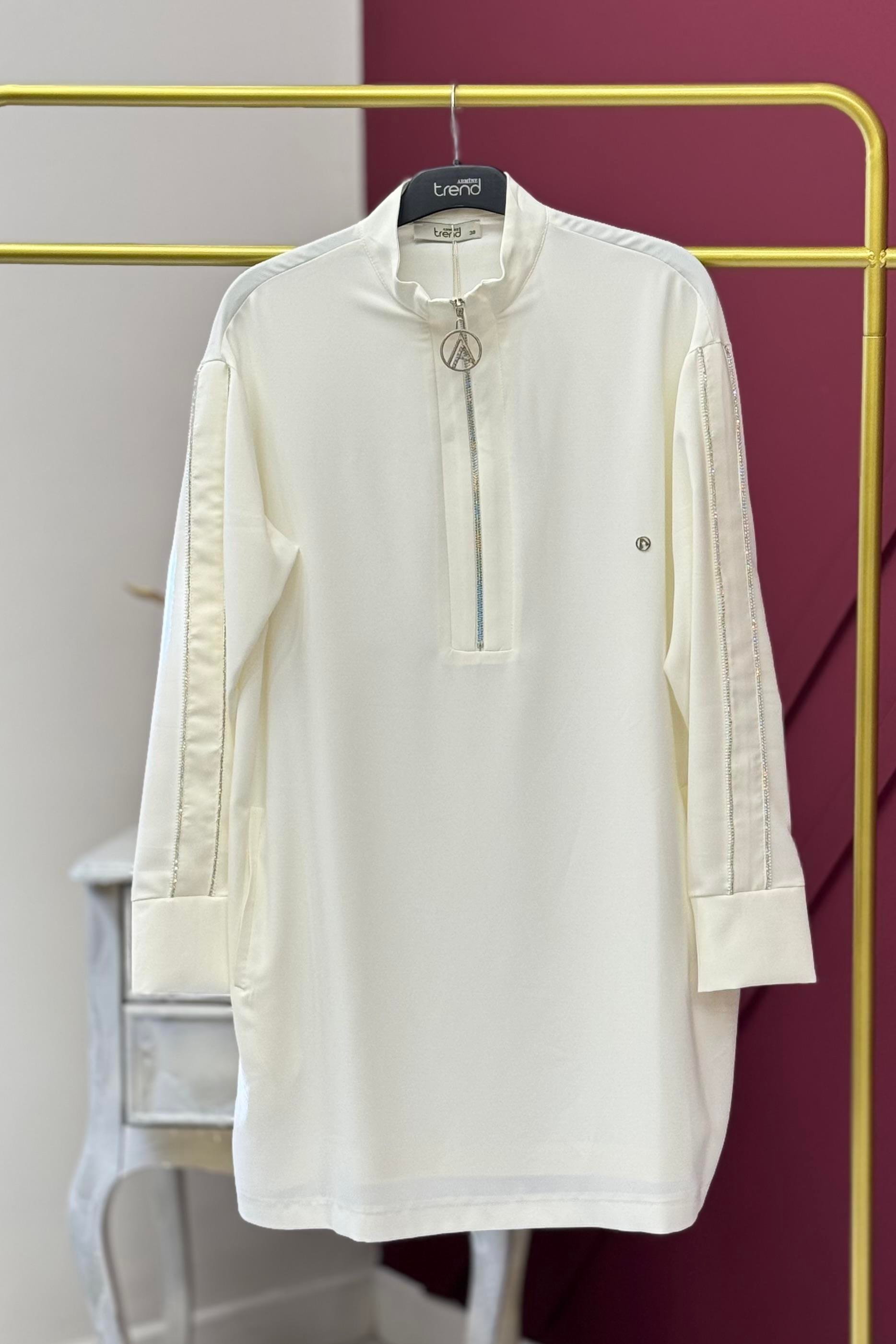 ARMİNE TREND Armine Trend 25YT412 Kol Çift Şerit Taş İşlemeli Tunik - Ekru Armine Trend 25YT412 Kol Çift Şerit Taş İşlemeli Tunik - Bilen Giyim Tunik 