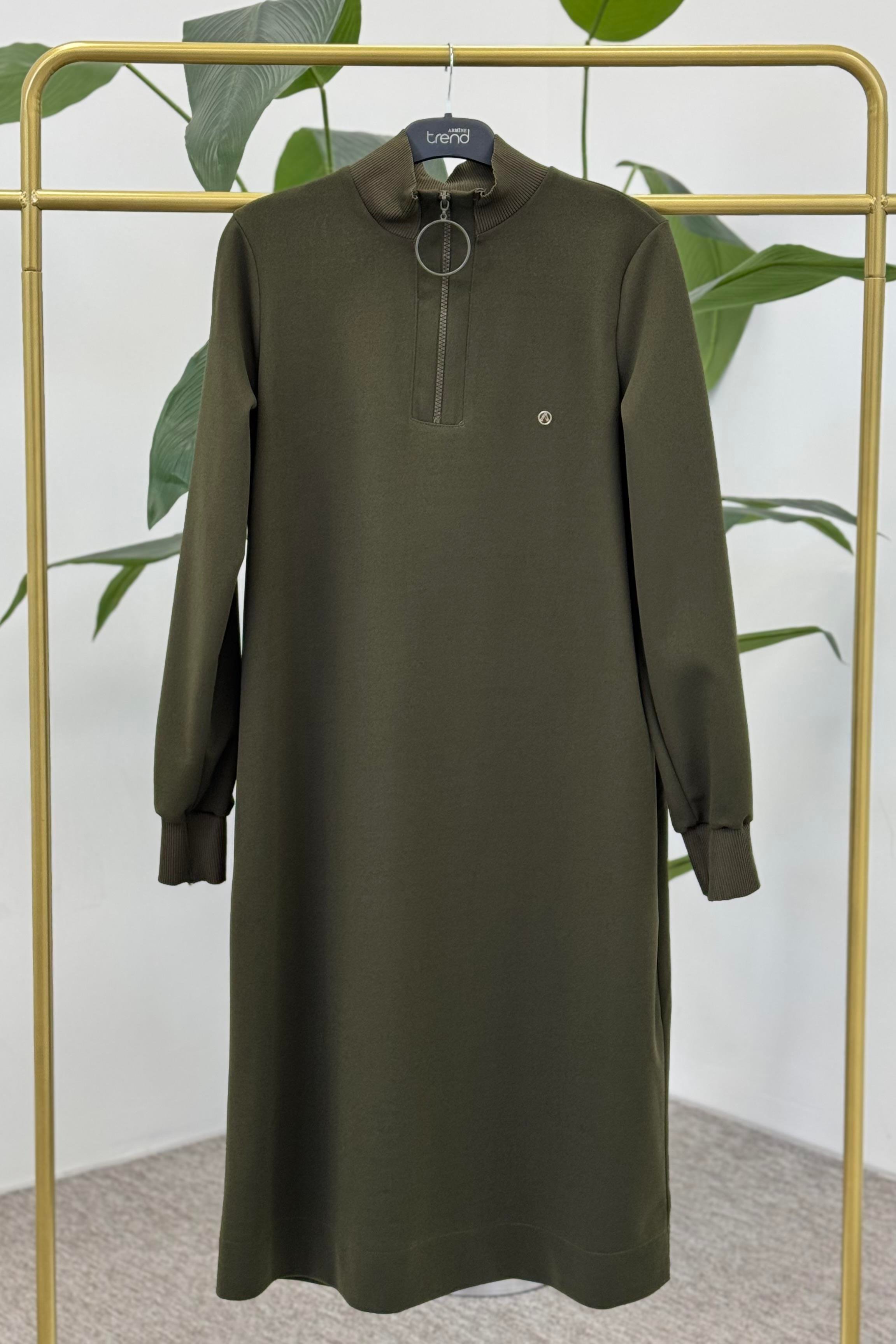ARMİNE TREND Armine Trend 25Yt437 Yarım Fermuarlı Tunik - Yağ Yeşili  Tunik 