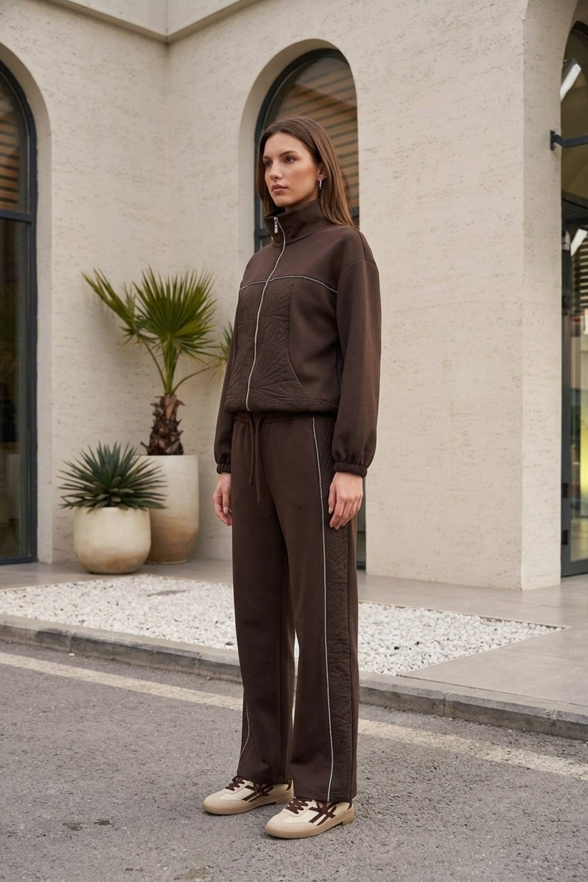 Taş Baskılı Pantolonlu Takım 8691 Kahve Takım JUPE STORE 